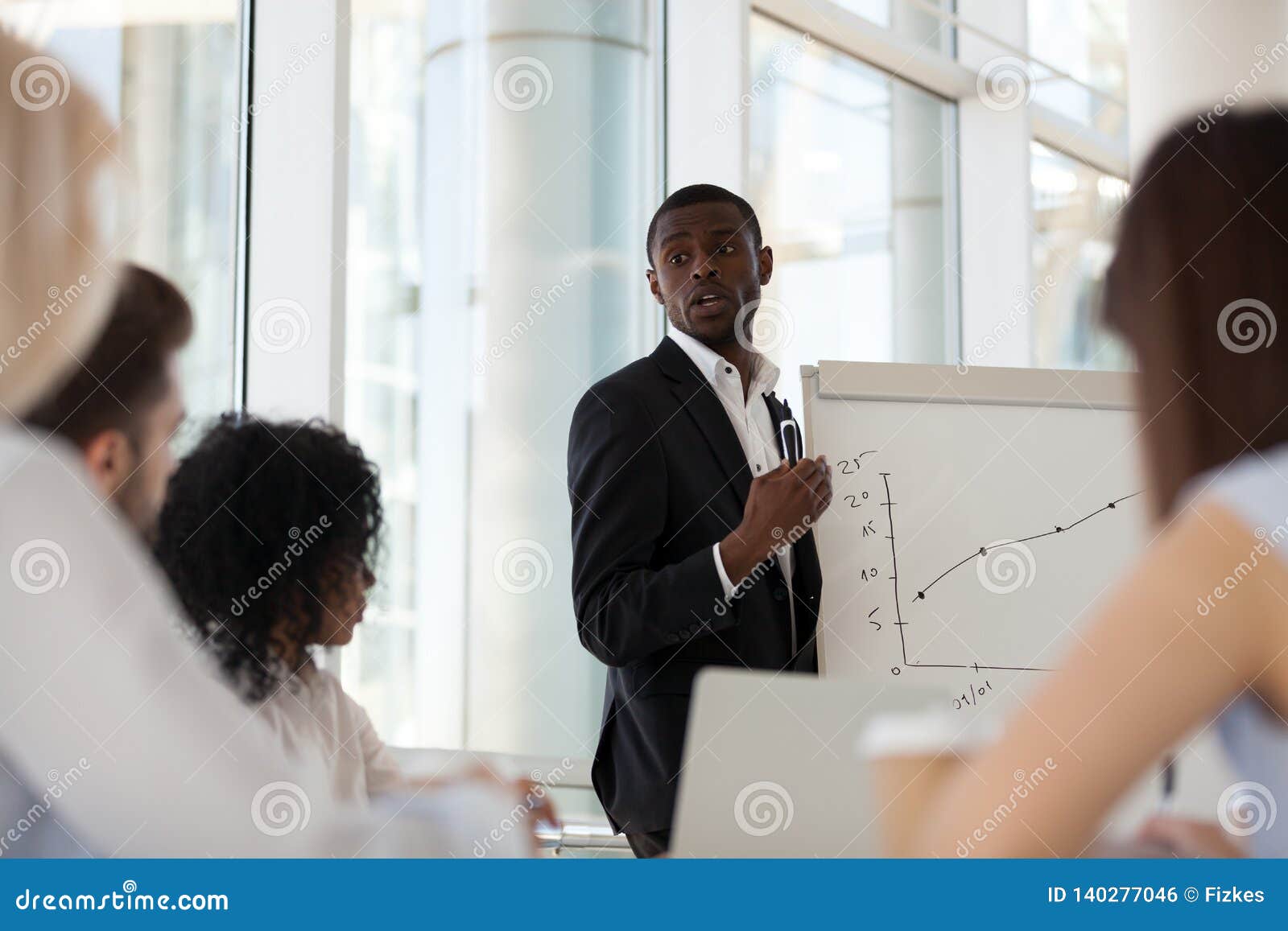 Black Team Leader Presenting To Colleagues A Business Plan Stock