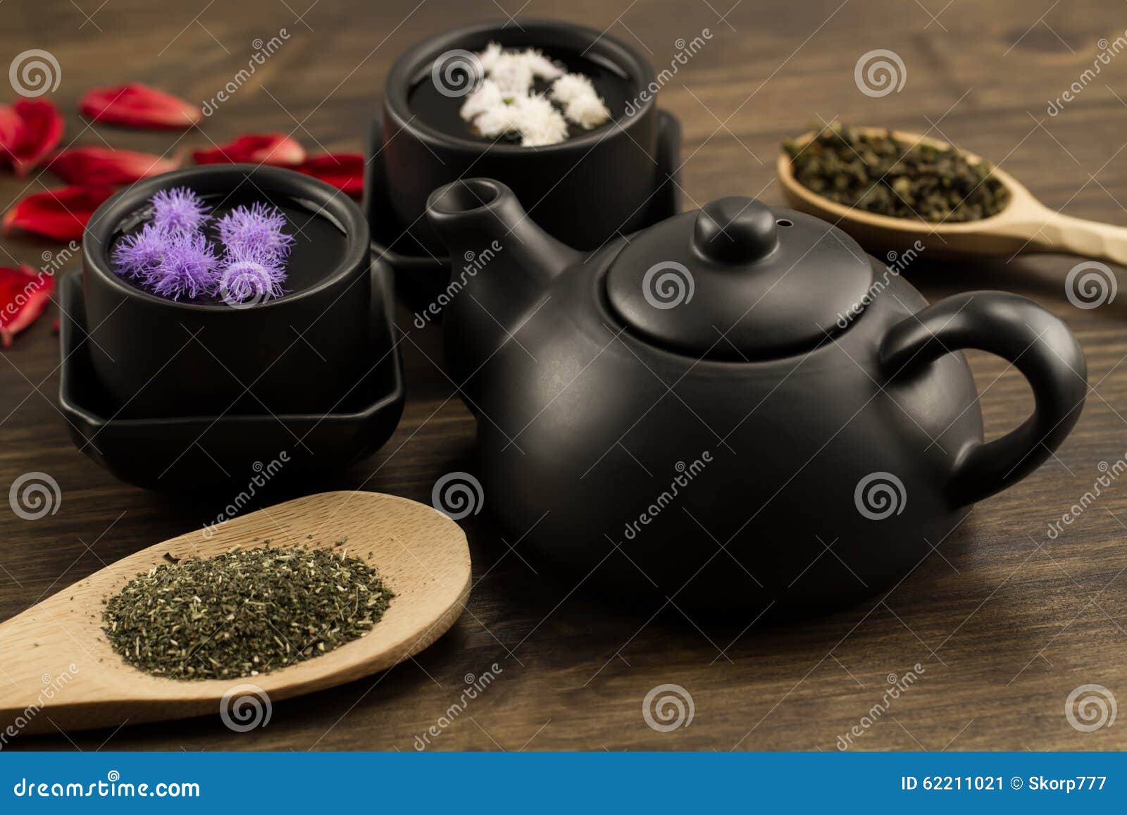Black Teapot, Two Cups, Tea Collection, Flowers. Stock Image Image of
