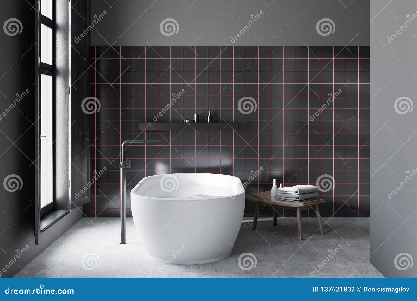 Black Tiled Bathroom with Tub, Side View Stock Illustration ...