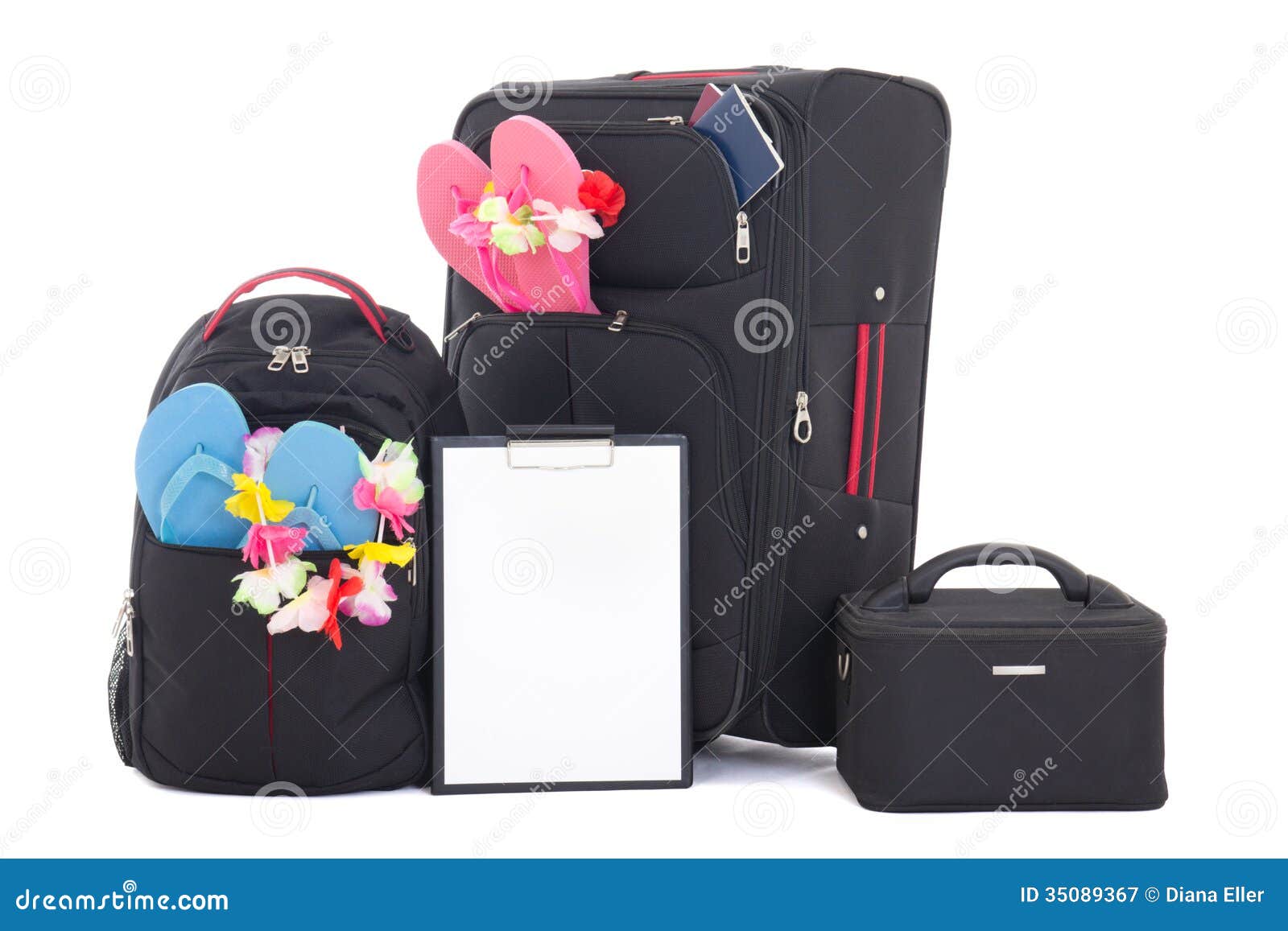Black Travel Suitcases and Backpack with Checklist Isolated on W Stock Image Image of backpack