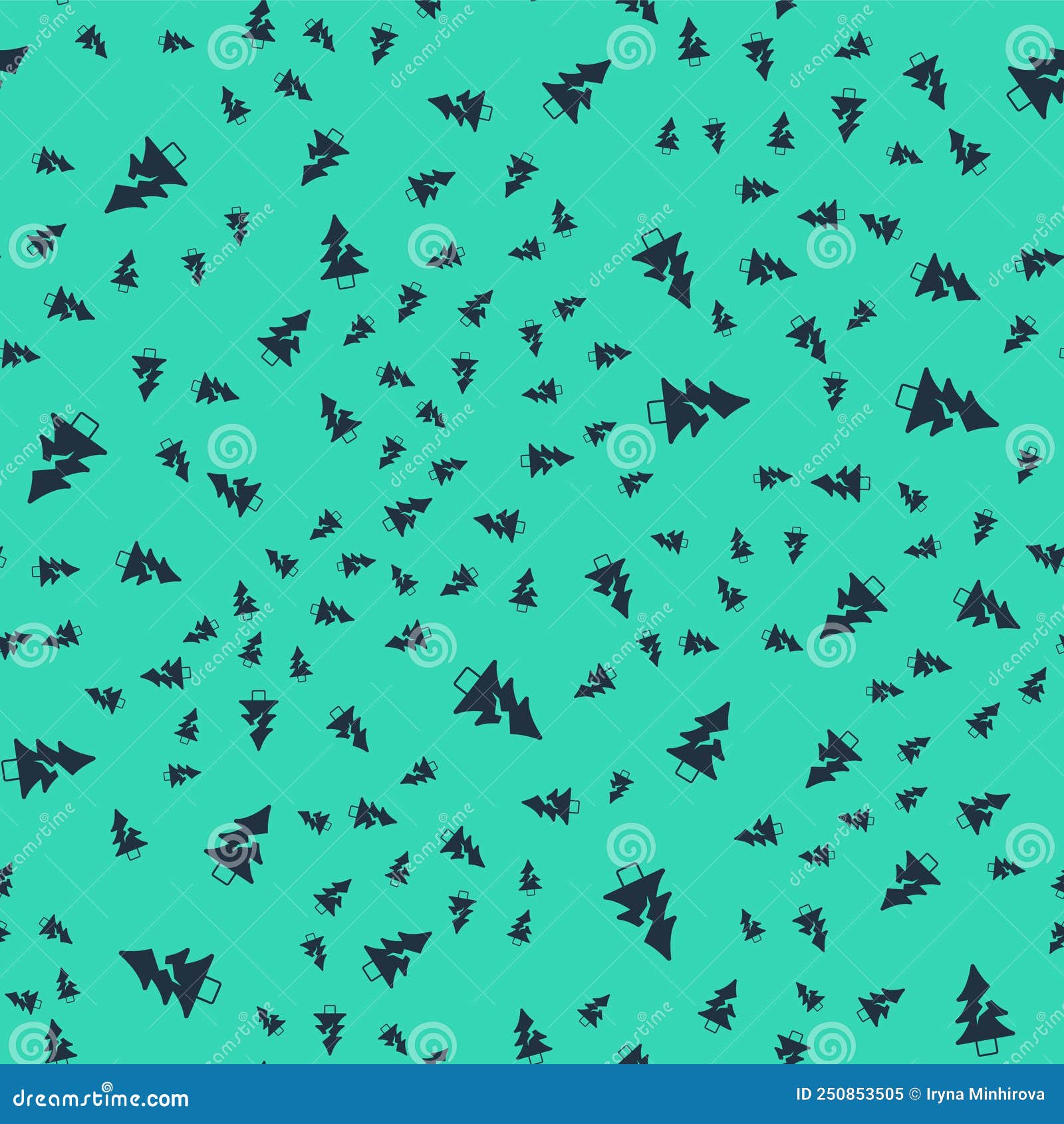 Black Tree Icon Isolated Seamless Pattern on Green Background. Forest