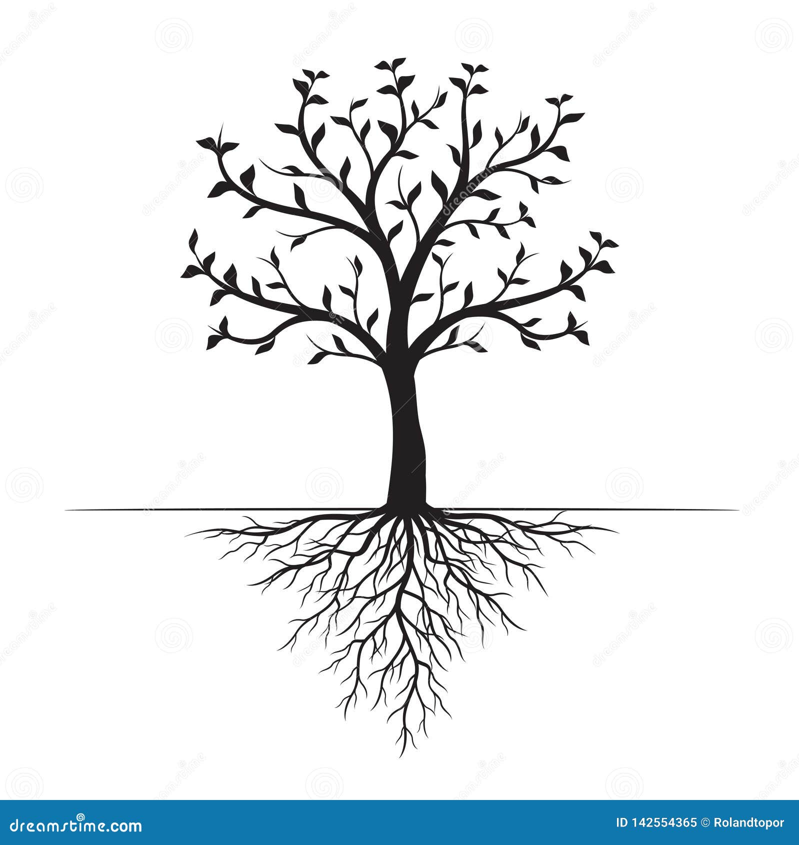 Black Tree with Leaves and Roots on White Background. Vector