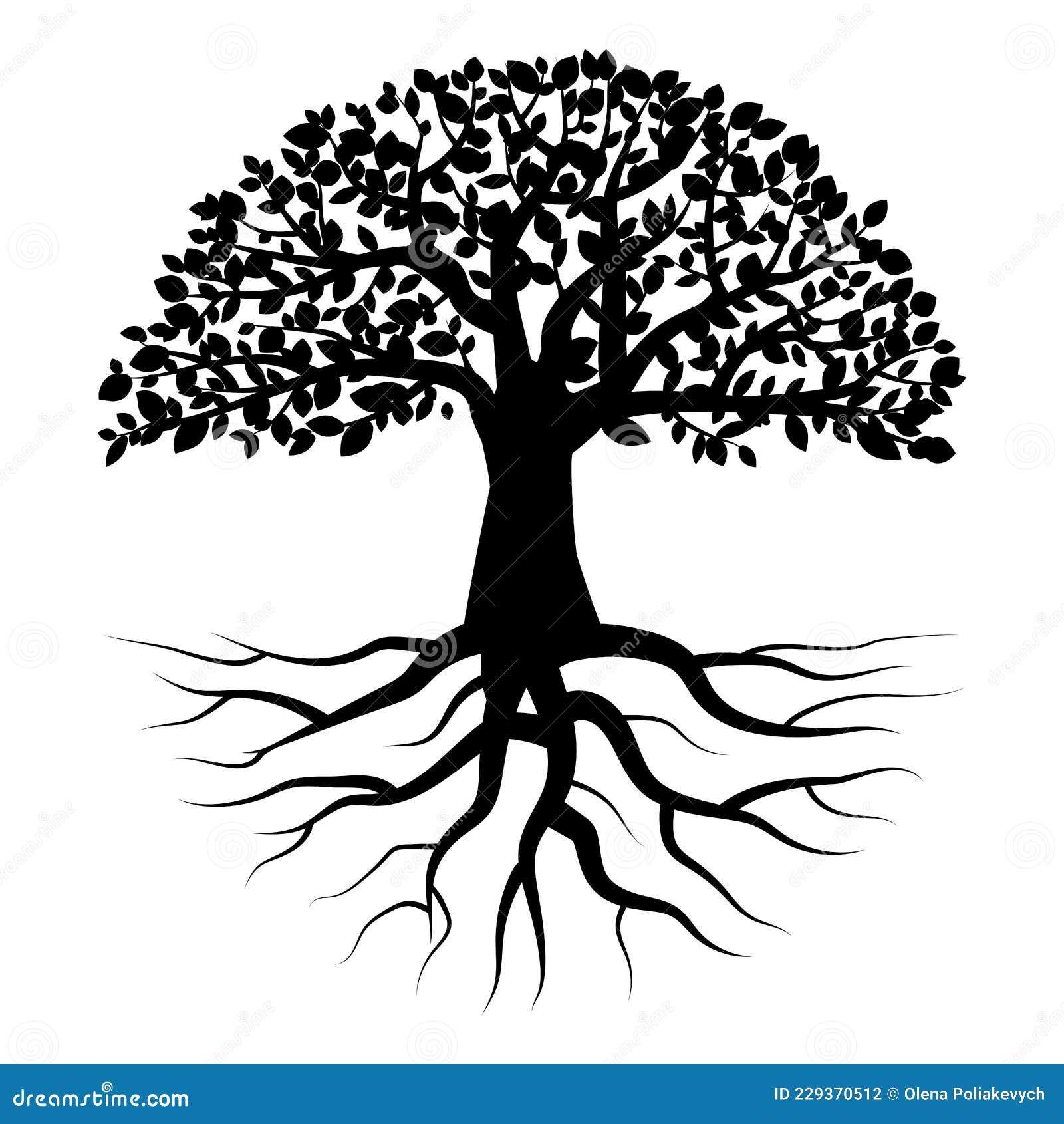black tree with roots. white background. icon for decorative . nature art.  . stock image.