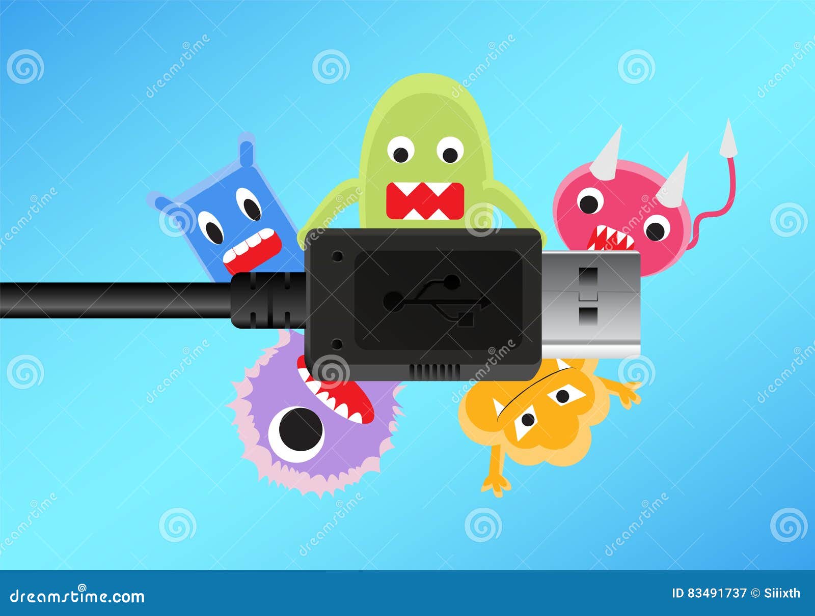 Black Usb Connecttion Cable with a Virus Computer Stock Vector