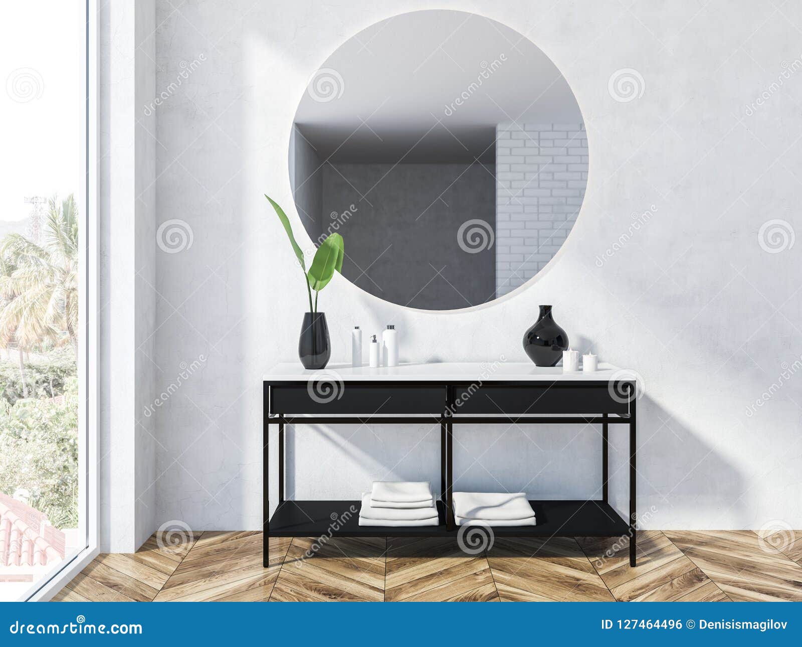 Black Vanity Unit And Mirror White Bathroom Stock Illustration