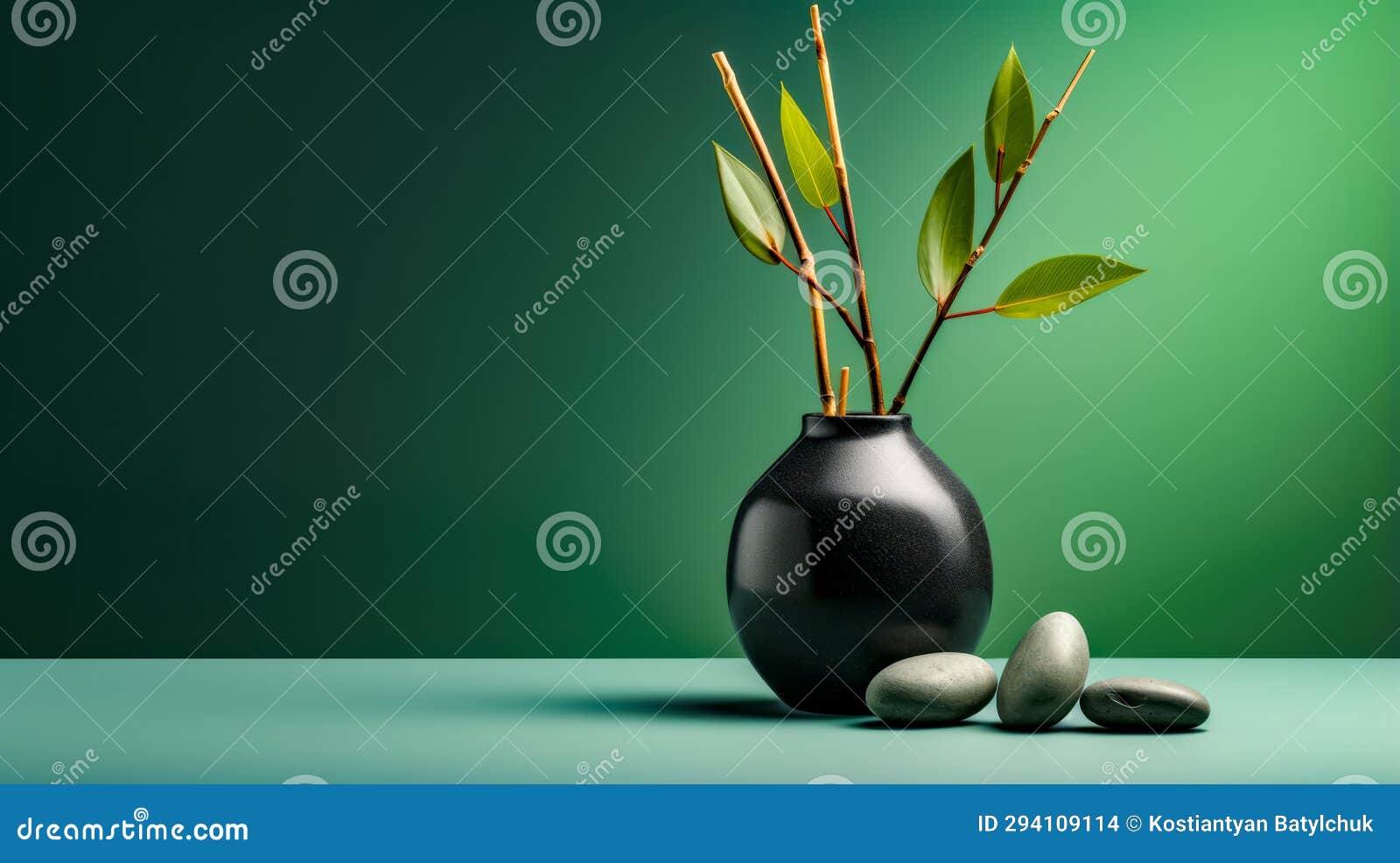 Black Vase with Plant in it and Three White Rocks in Front of it