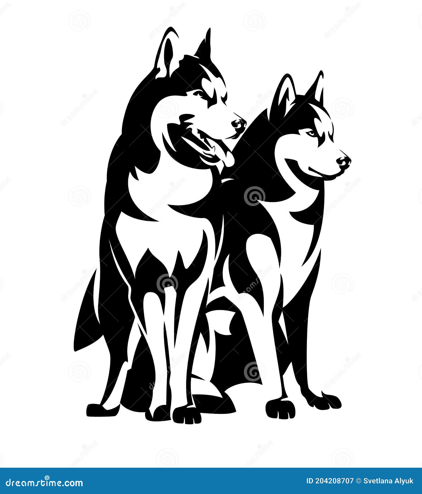 Group Of Siberian Huskies. Black Dog Silhouette. Running, Standing ...