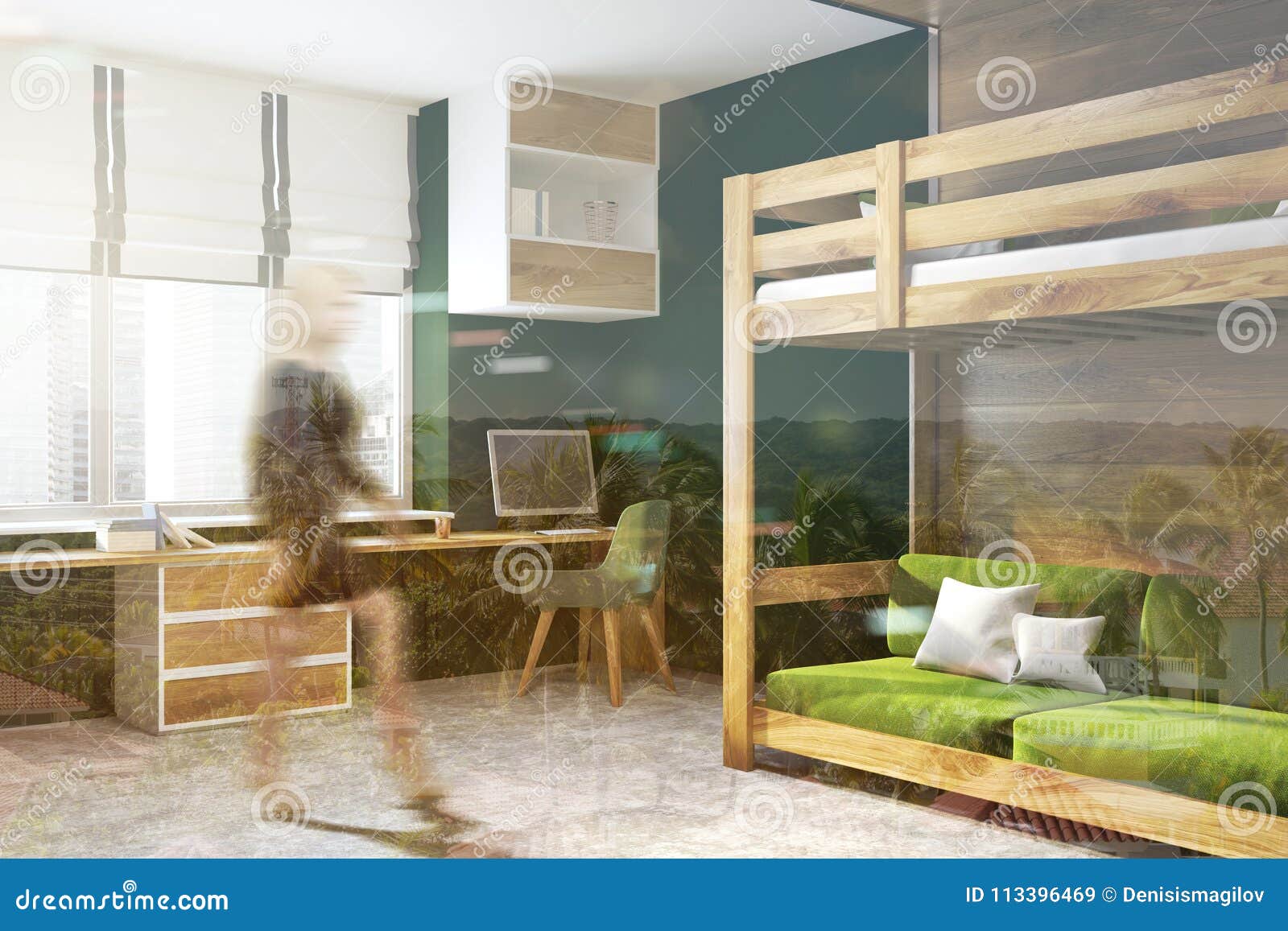 Black Wall Home Office Green Loft Bed Toned Stock Illustration