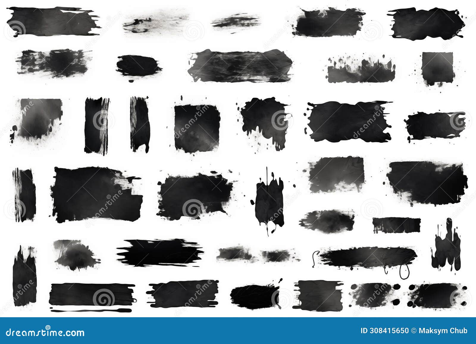 black watercolor banners, rectangles, and splats on a white background