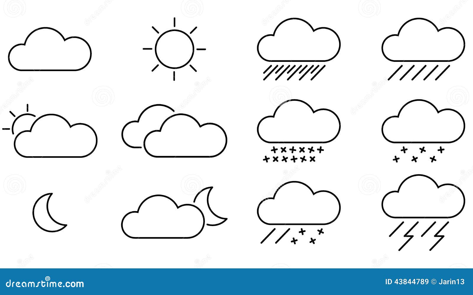 Set of black weather icons with white background.