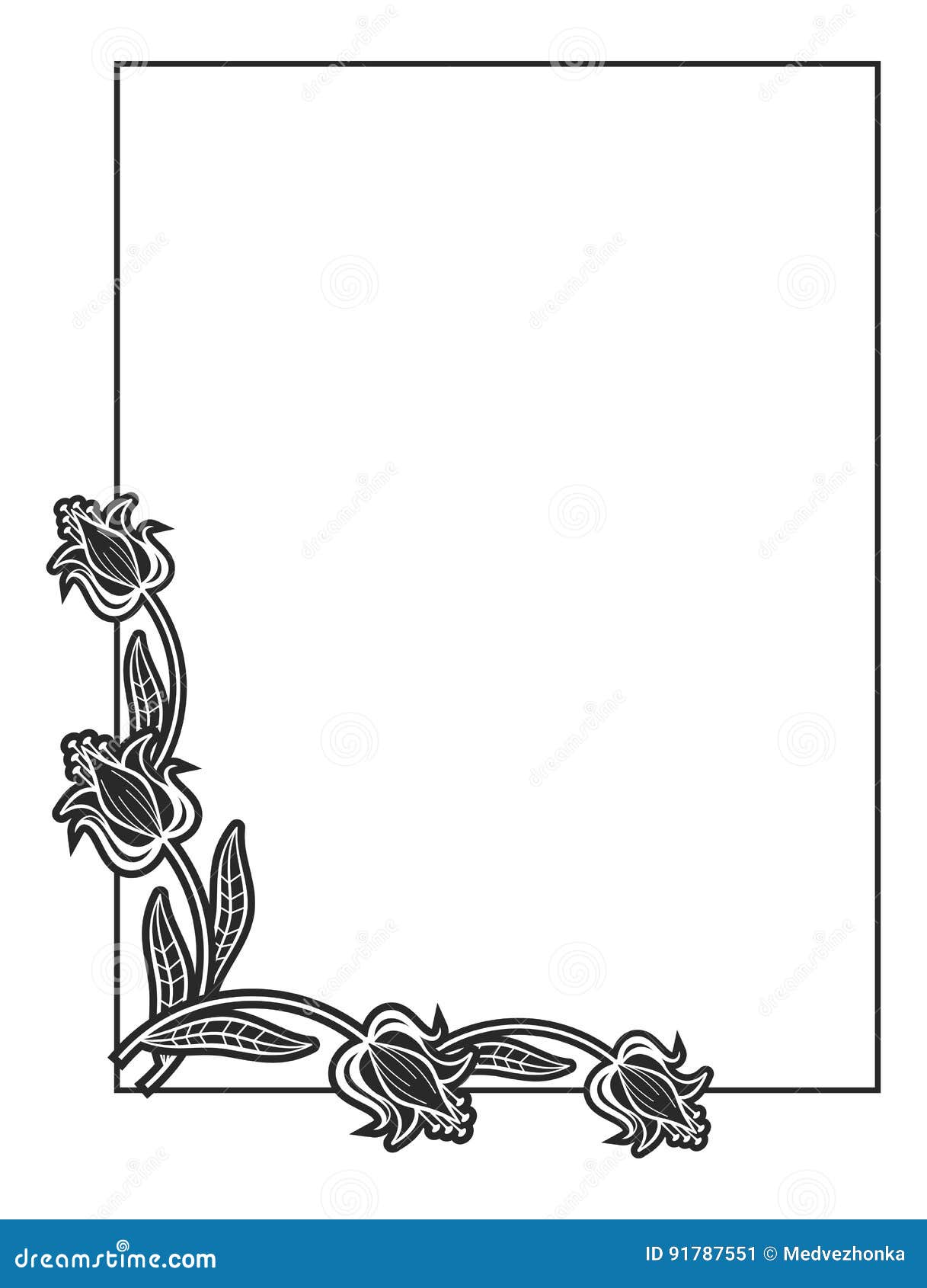 Black and White Abstract Vertical Frame with Decorative Flowers. Stock