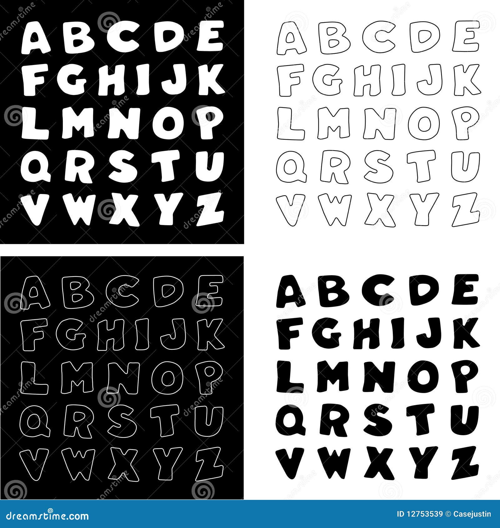 black & white alphabet, four versions