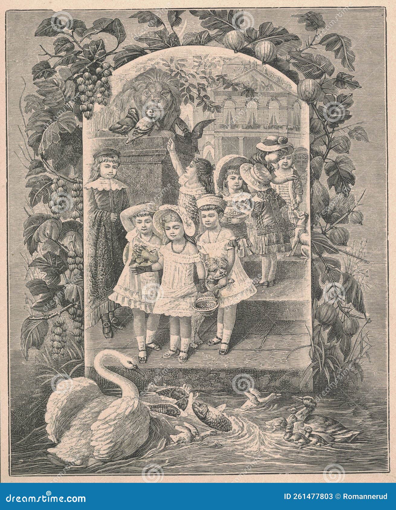 Black and White Antique Illustration Shows a Group of Girl Feeding