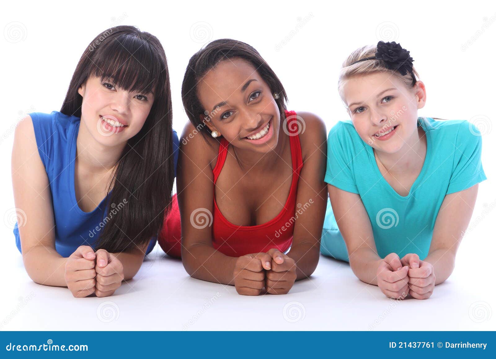 Black White And Asian Girl Friends Lying On Floor Stock Image Image