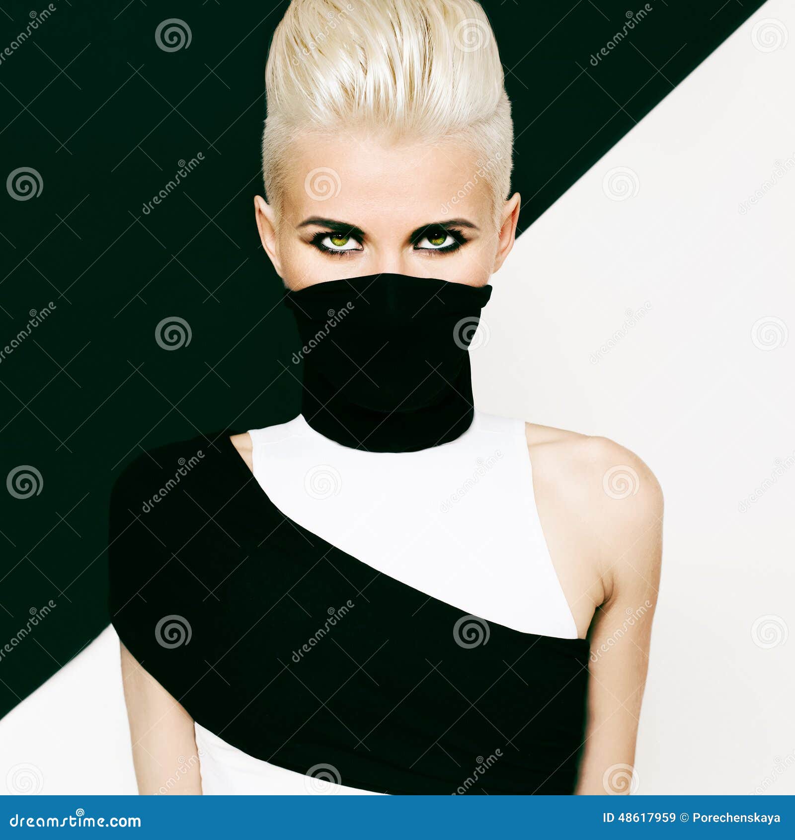 Black and White Background Girl Ninja Style. Fashionable Hairstyle