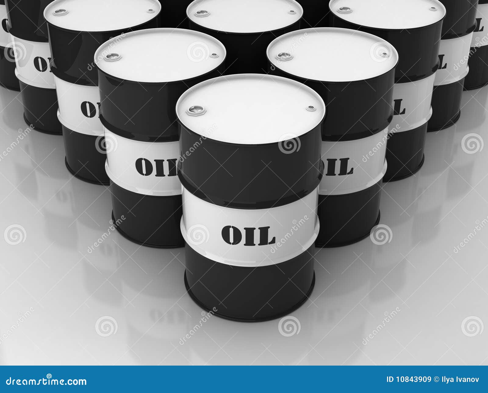 Black and white barrels with mark OIL stacked in form of rhomb