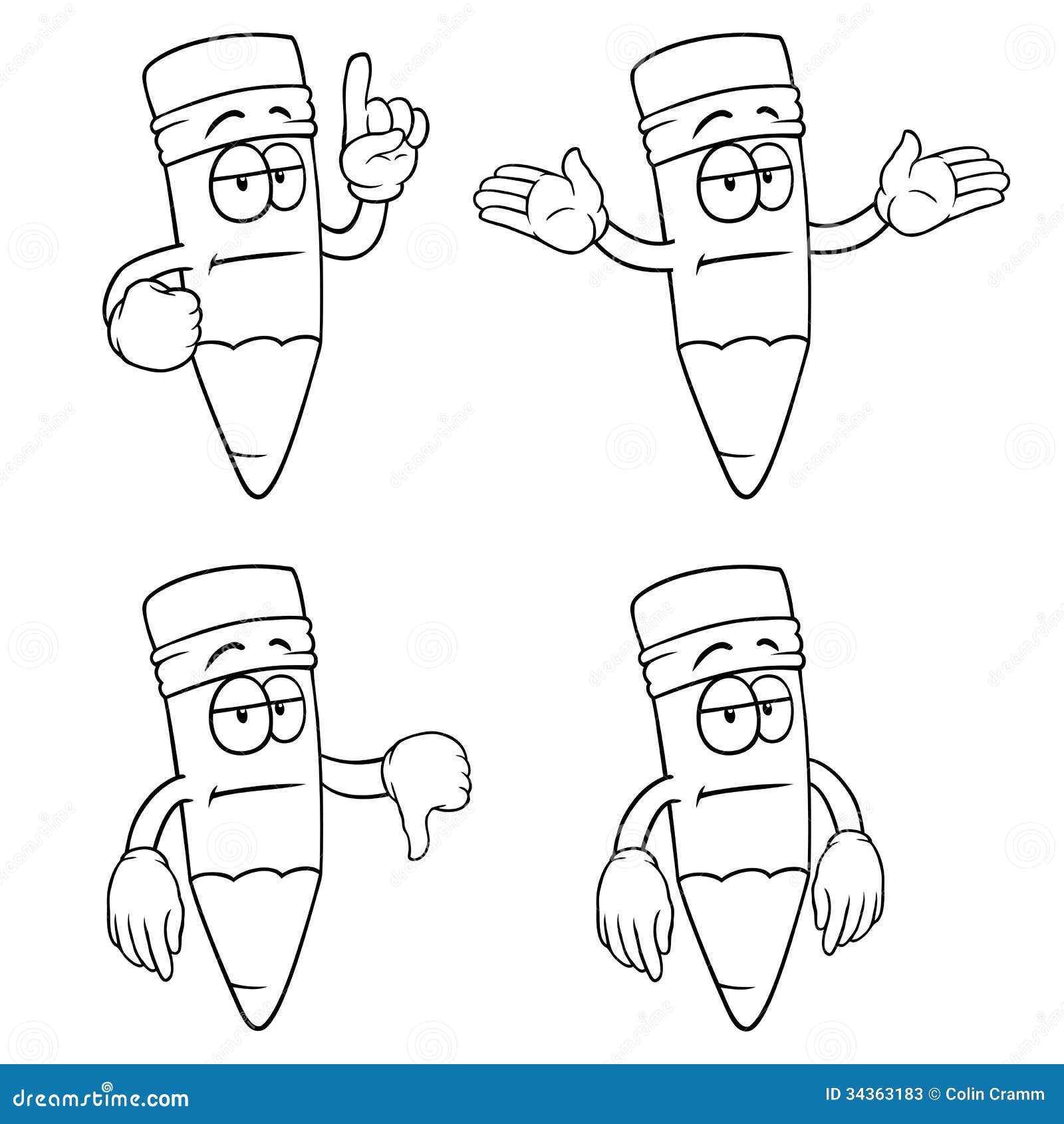 Black And White Bored Cartoon Pencils Set Stock Photos - Image: 34363183