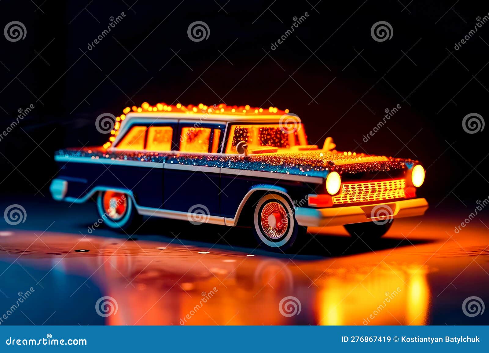 Black and White Car with Lights on it S Roof and Windows. Generative AI