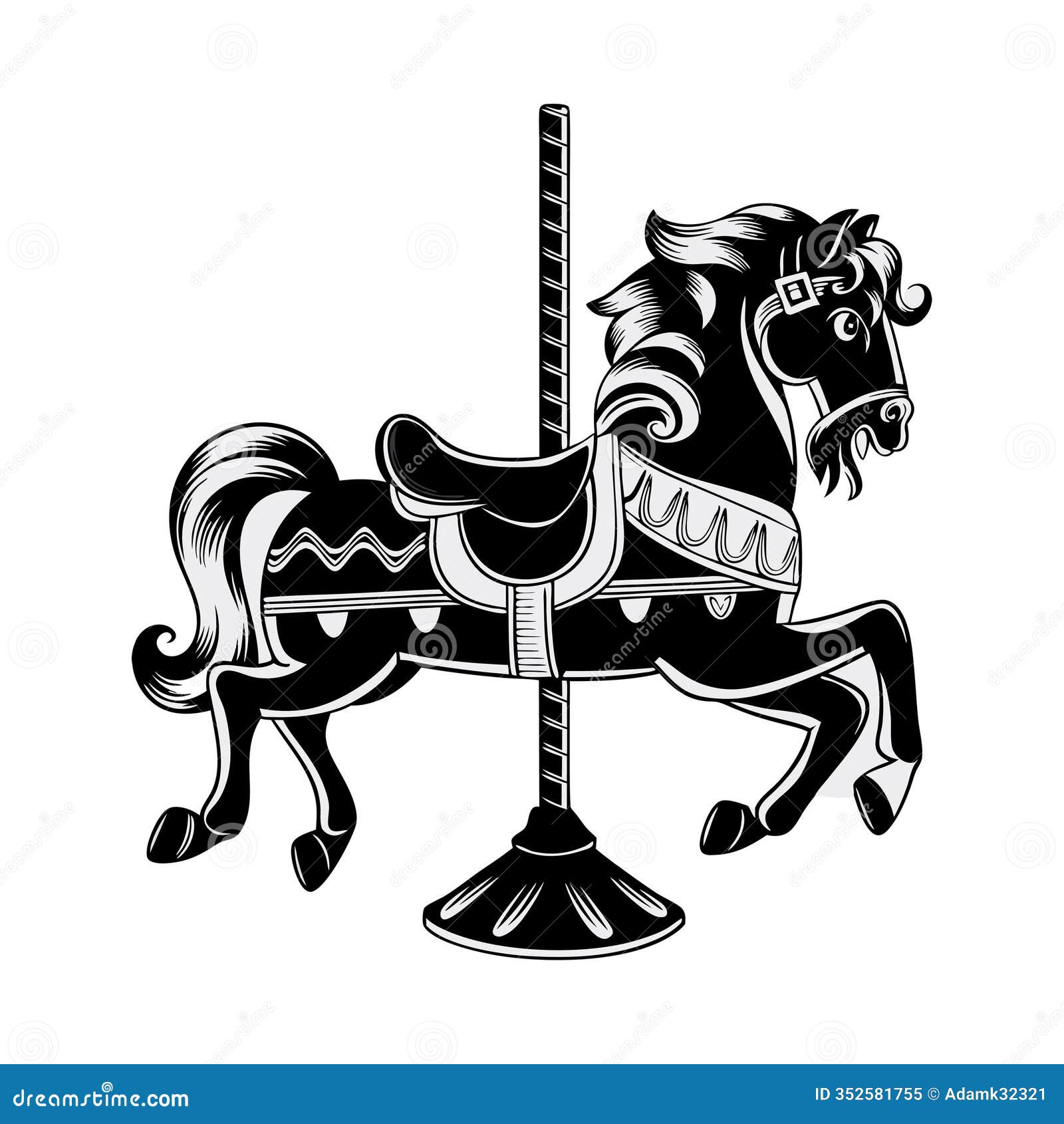 black and white carousel horse   for art and  projects