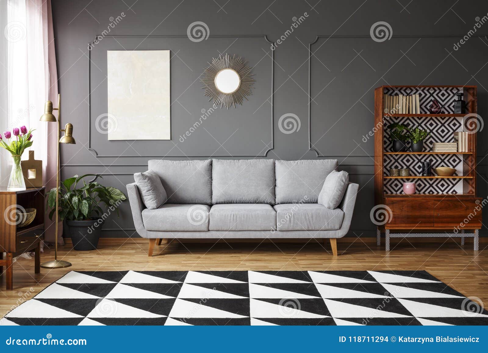 Black and White Carpet with Geometric Pattern Placed on the Floor in Dark Living  Room Interior with Grey Couch, Vintage Cupboard Stock Photo - Image of  cupboard, lamp: 118711294