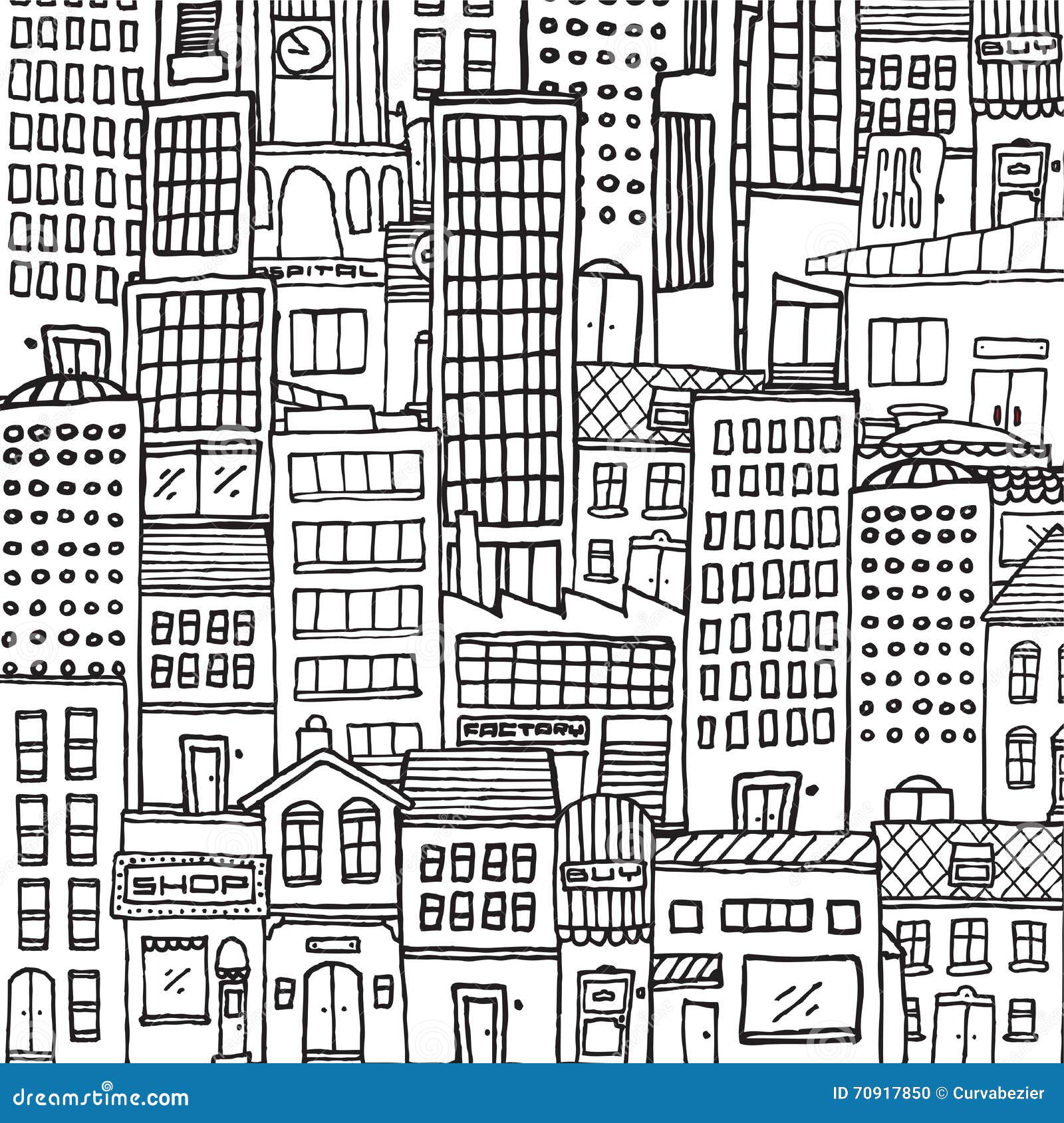 Black And White Cartoon City Texture For Adult Coloring Stock Vector