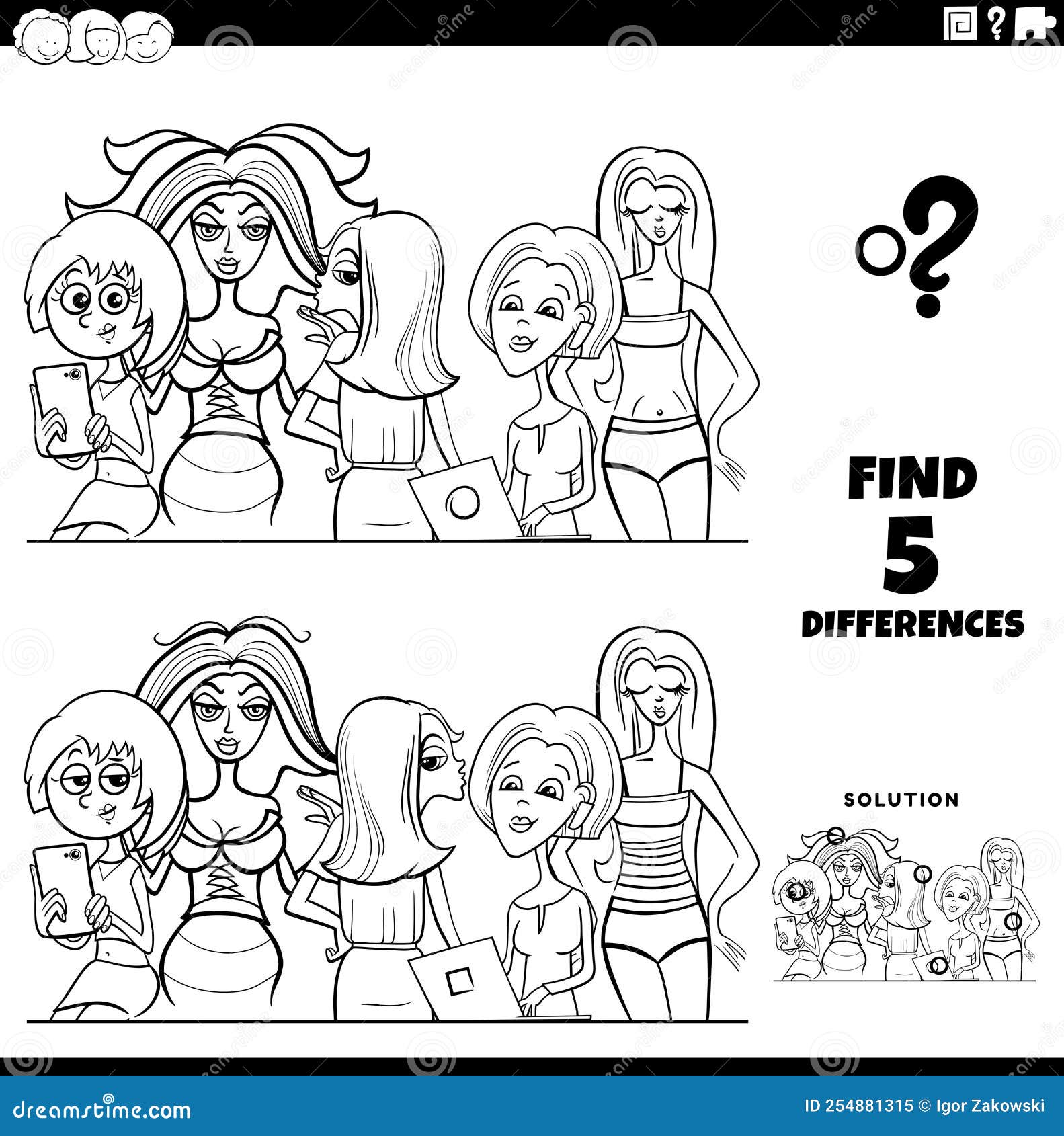 Differences Game with Comic Woman Coloring Page Stock Vector ...