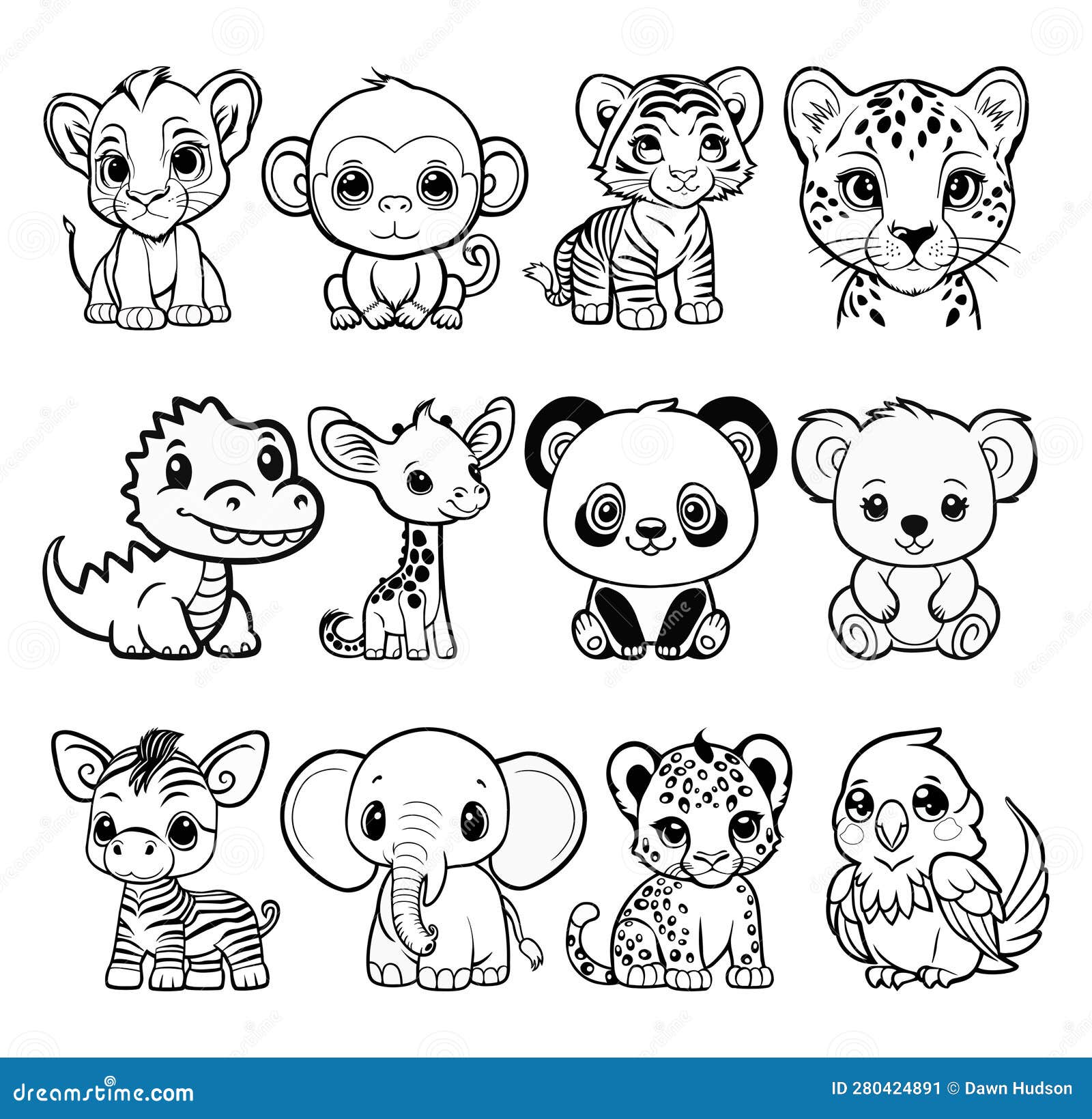 Black and White Cartoon Jungle Animals Stock Vector - Illustration of ...