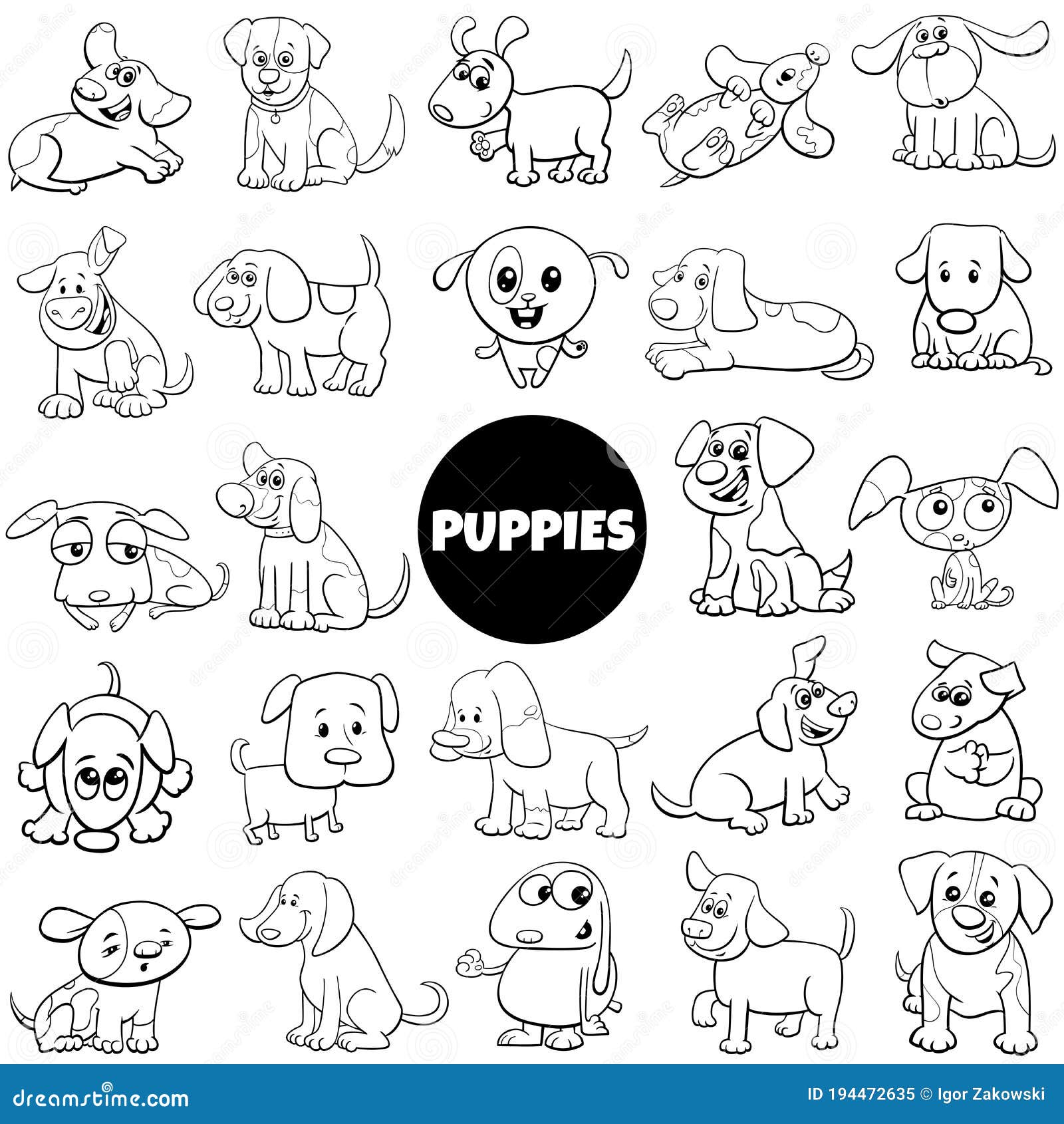 Black and White Cartoon Puppy Dog Characters Big Set Stock Vector -  Illustration of animals, caricature: 194472635