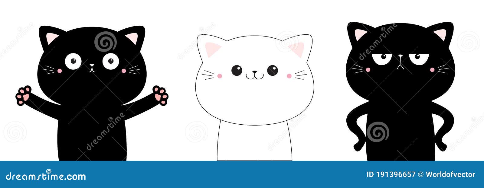 Black white cat icon set. Cute kawaii cartoon character. Funny