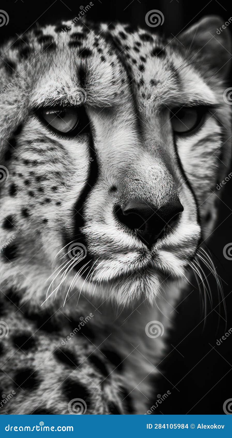 Black and White Cheetah on Dark Background in Full Focus. Stock