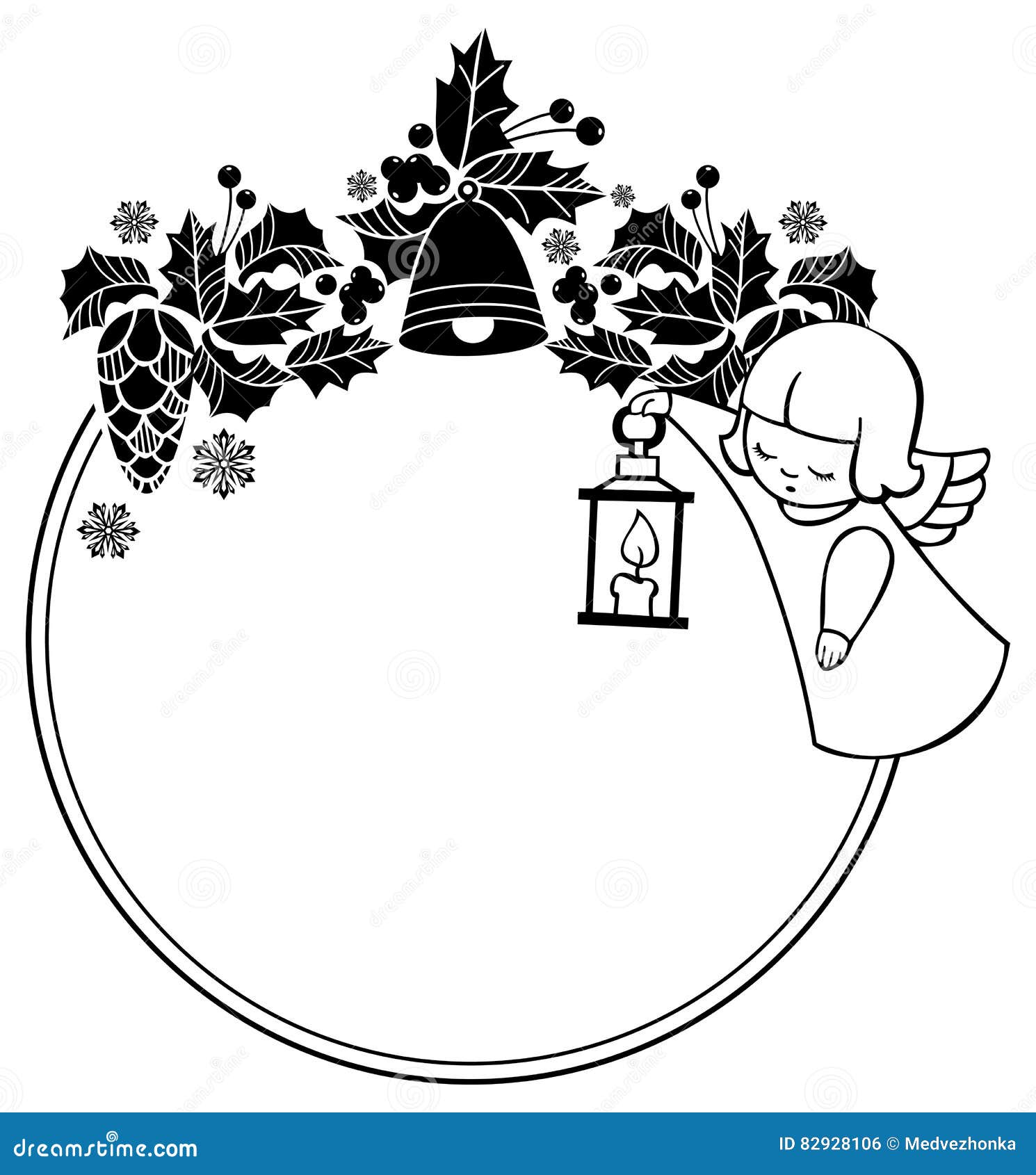 Black and White Christmas Frame with Cute Angel. Copy Space Stock ...