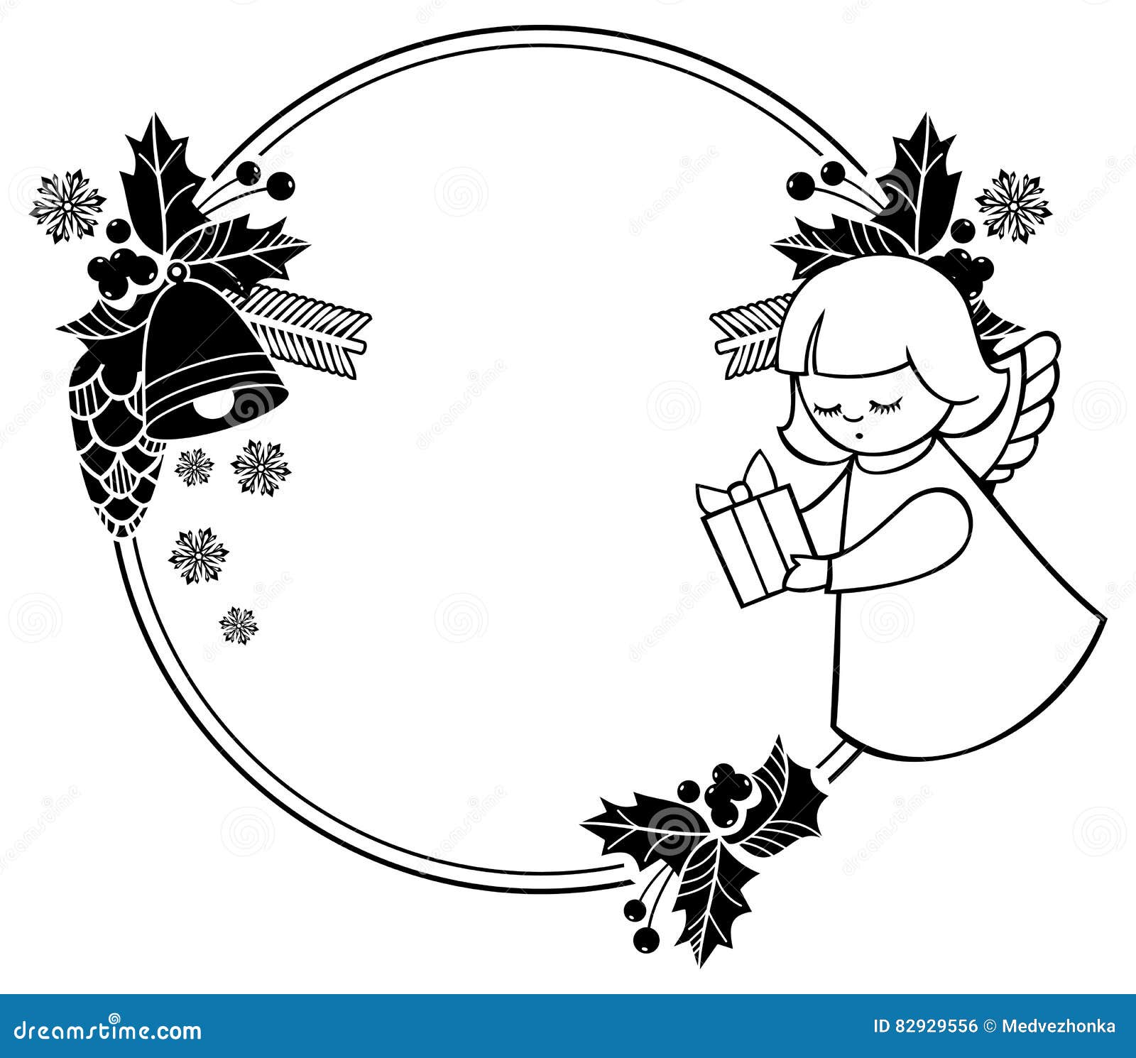 Black and White Christmas Frame with Cute Angel. Copy Space. Stock ...