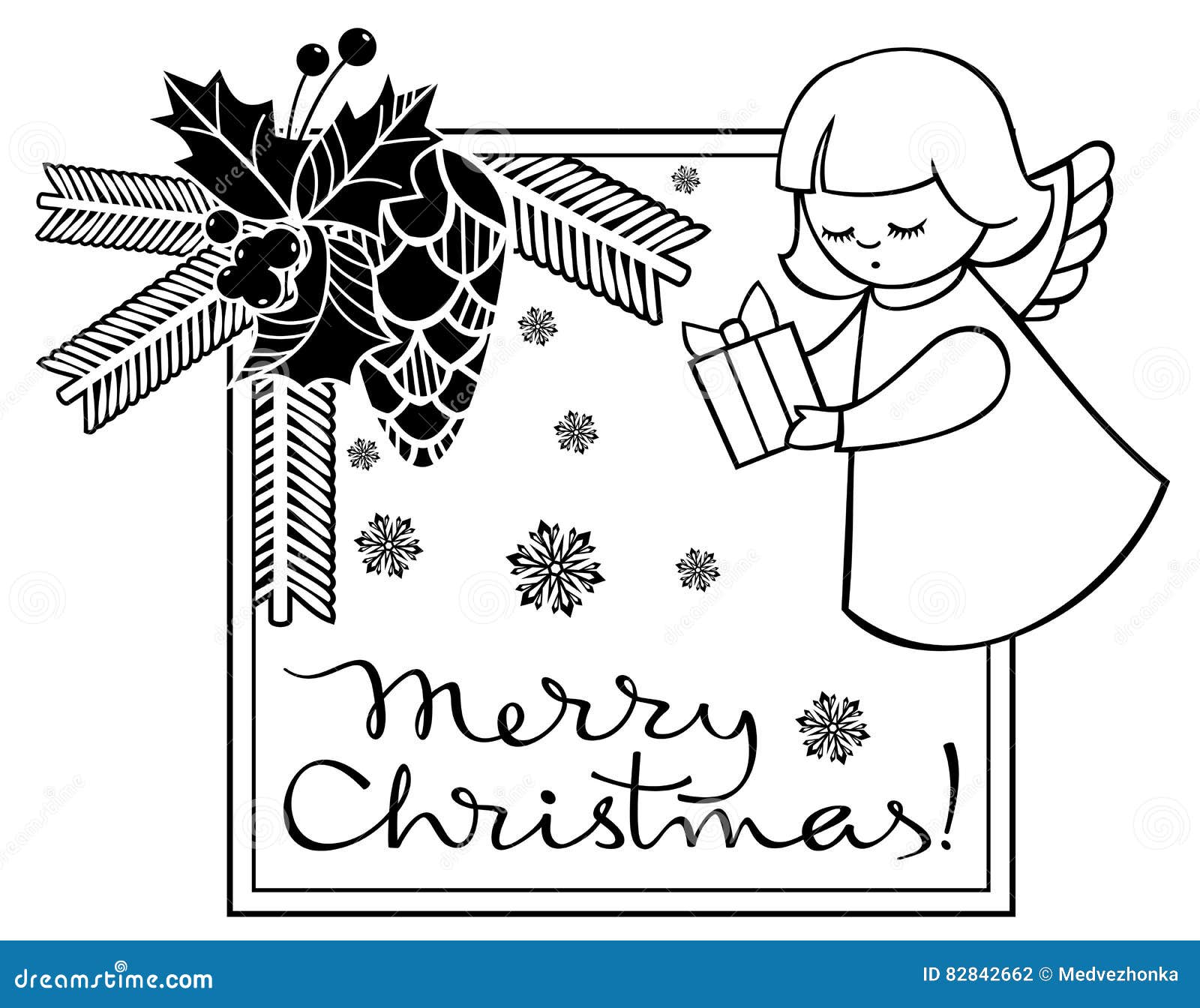 Black And White Christmas Frame With Cute Angel. Stock Illustration - Illustration of cartton ...