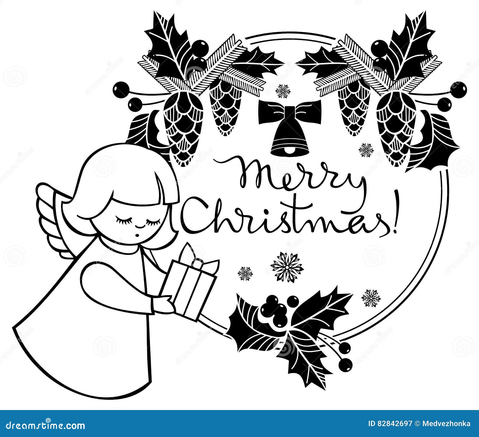 Black and White Christmas Frame with Cute Angel. Stock Illustration ...