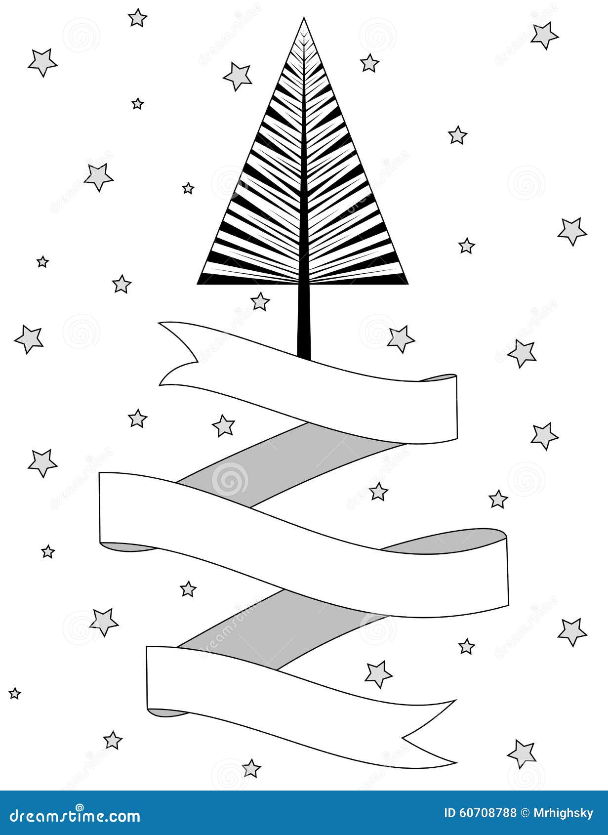 Black and White Christmas Tree and Ribbon Banner Stock Vector