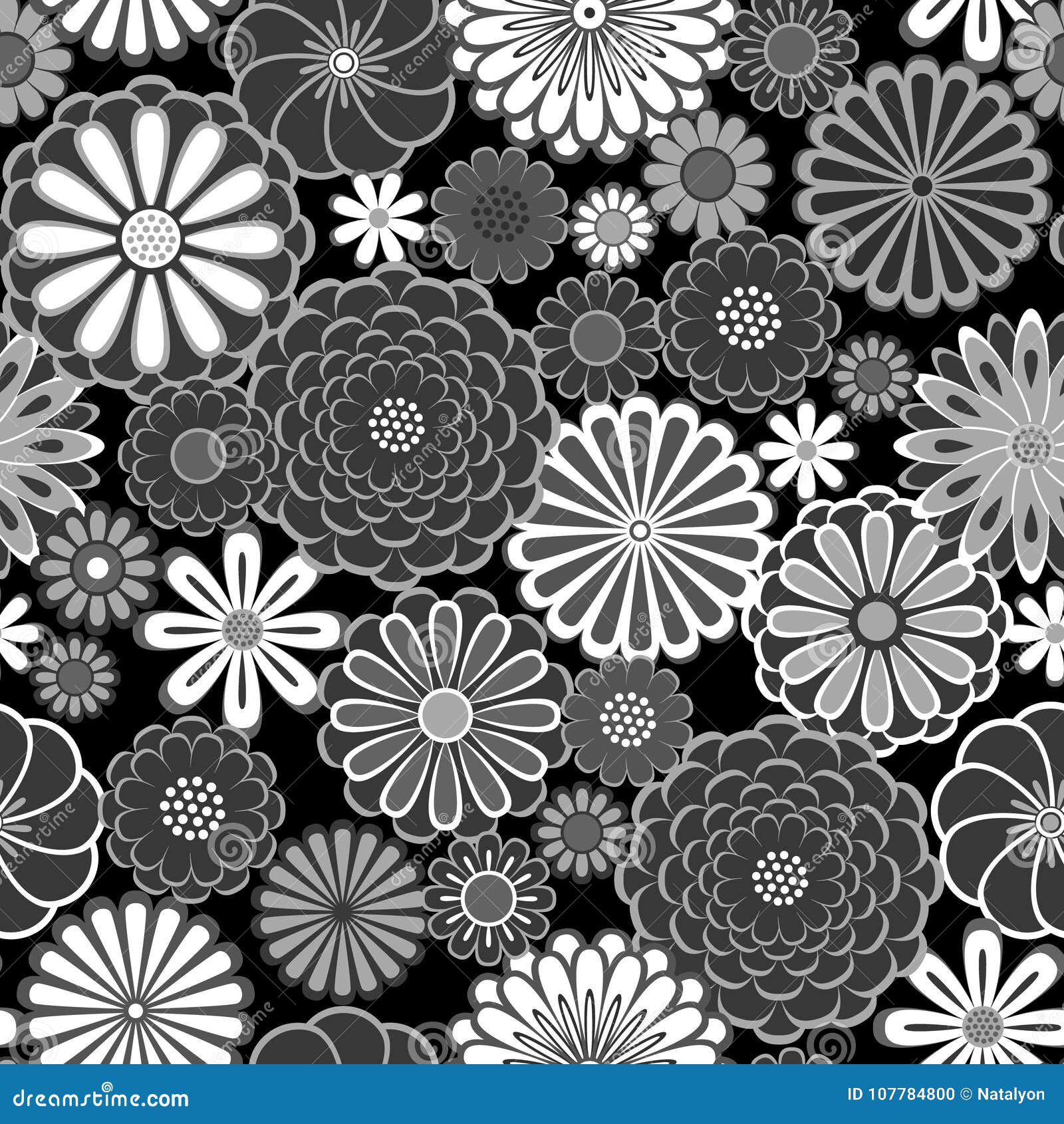 Black and White Circle Daisy Flowers Natural Seamless Pattern, Vector ...
