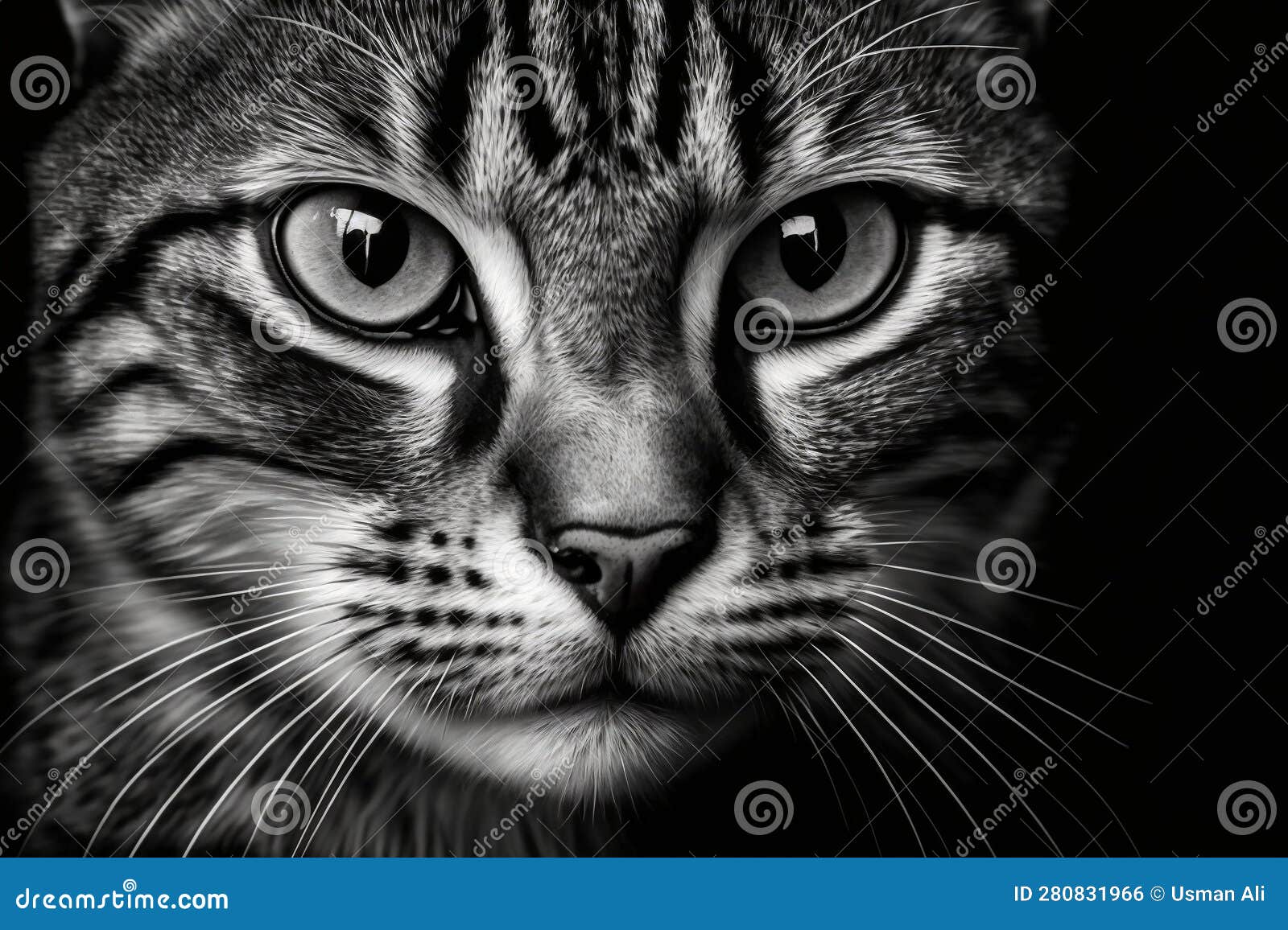 Black and White Closeup of a Cat S Face. AI Stock Illustration