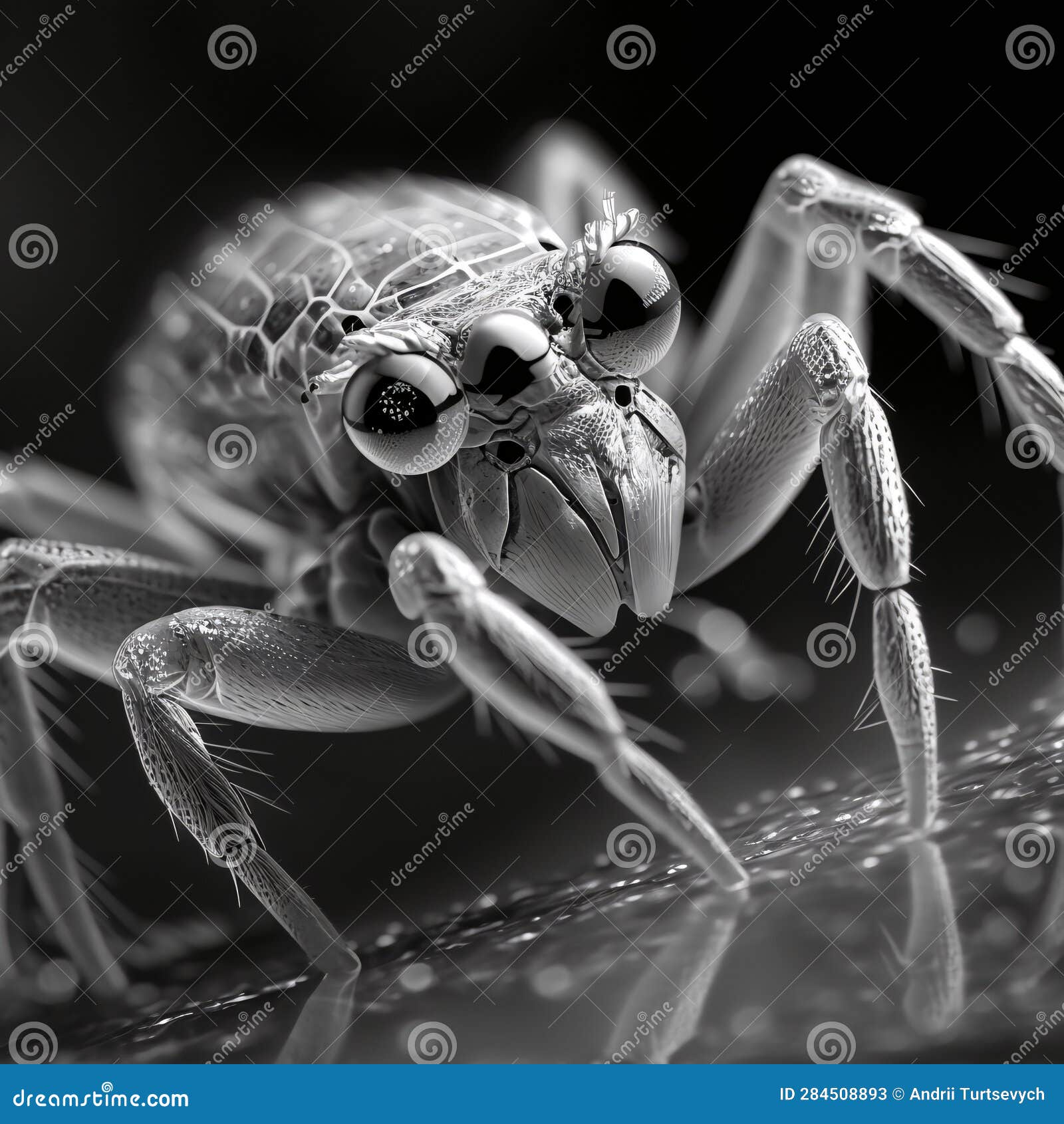 Black and White CloseUp Image of Jumping Spider Robot with Reflection