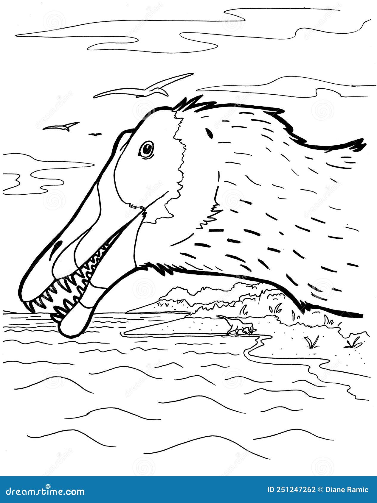 Black and White Coloring Page Ink Illustration of a Dinosaur Stock