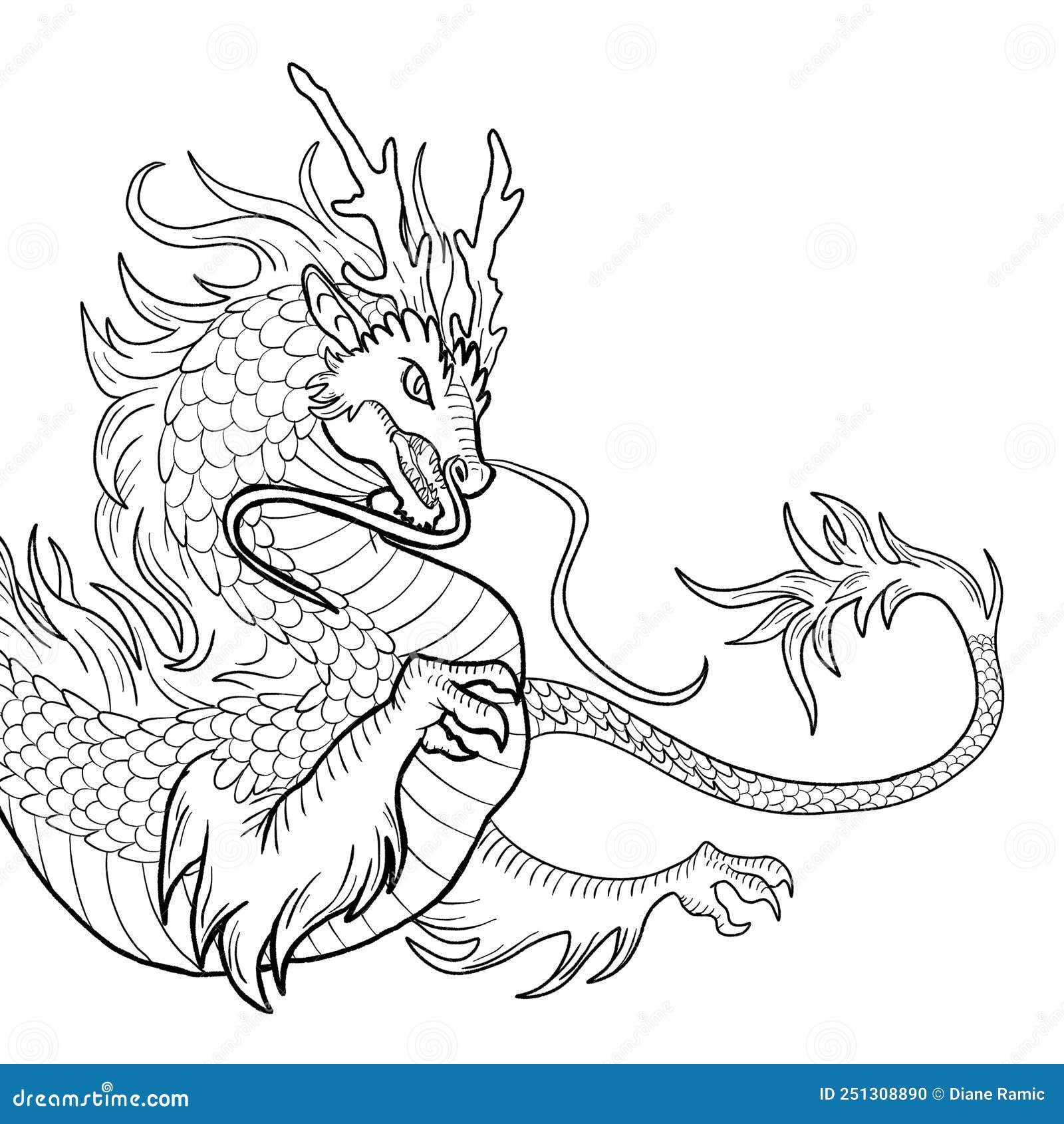 Black and White Coloring Page Ink Illustration of a Dragon Stock ...