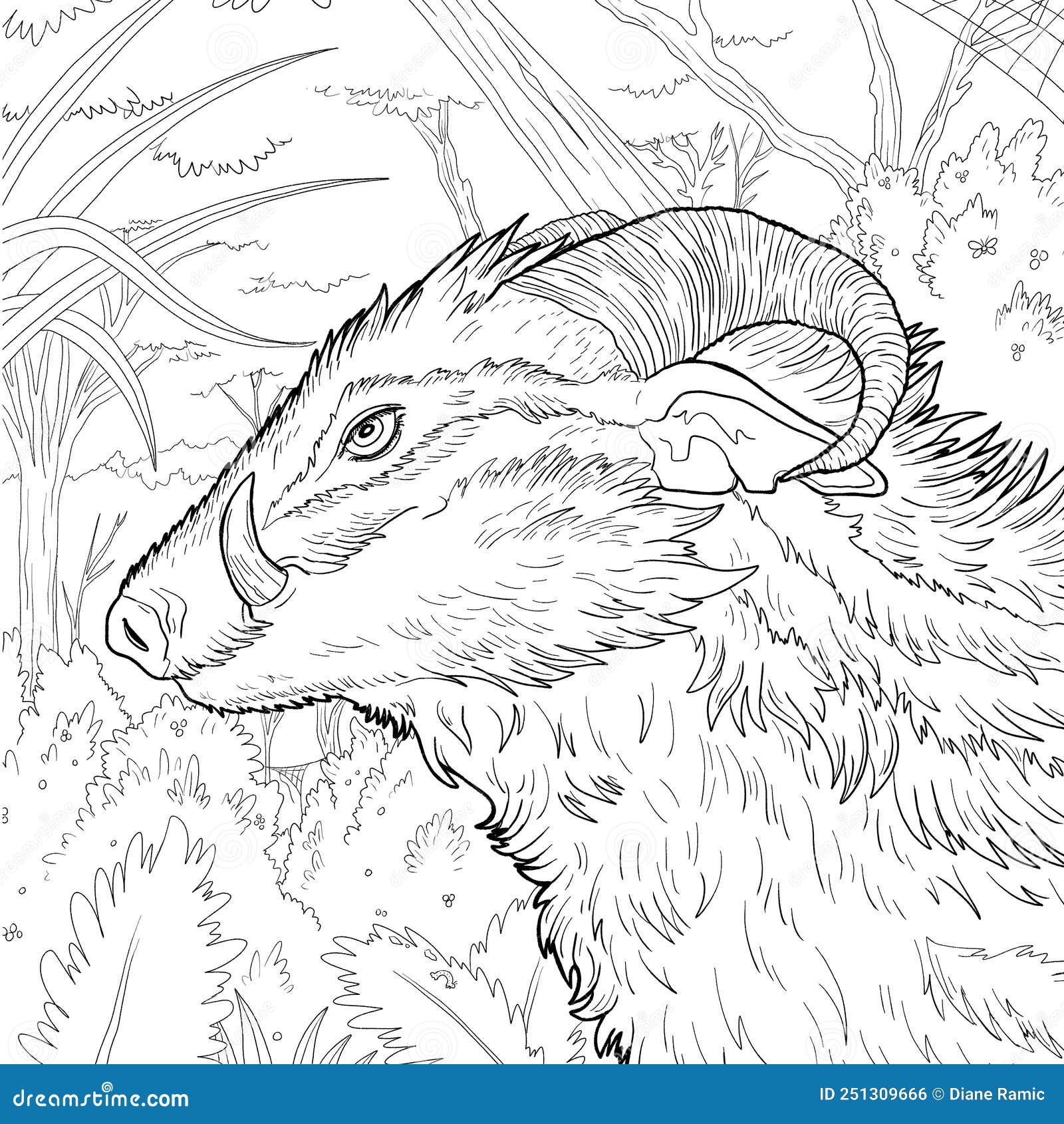 Black and White Coloring Page Ink Illustration of a Dragon Stock