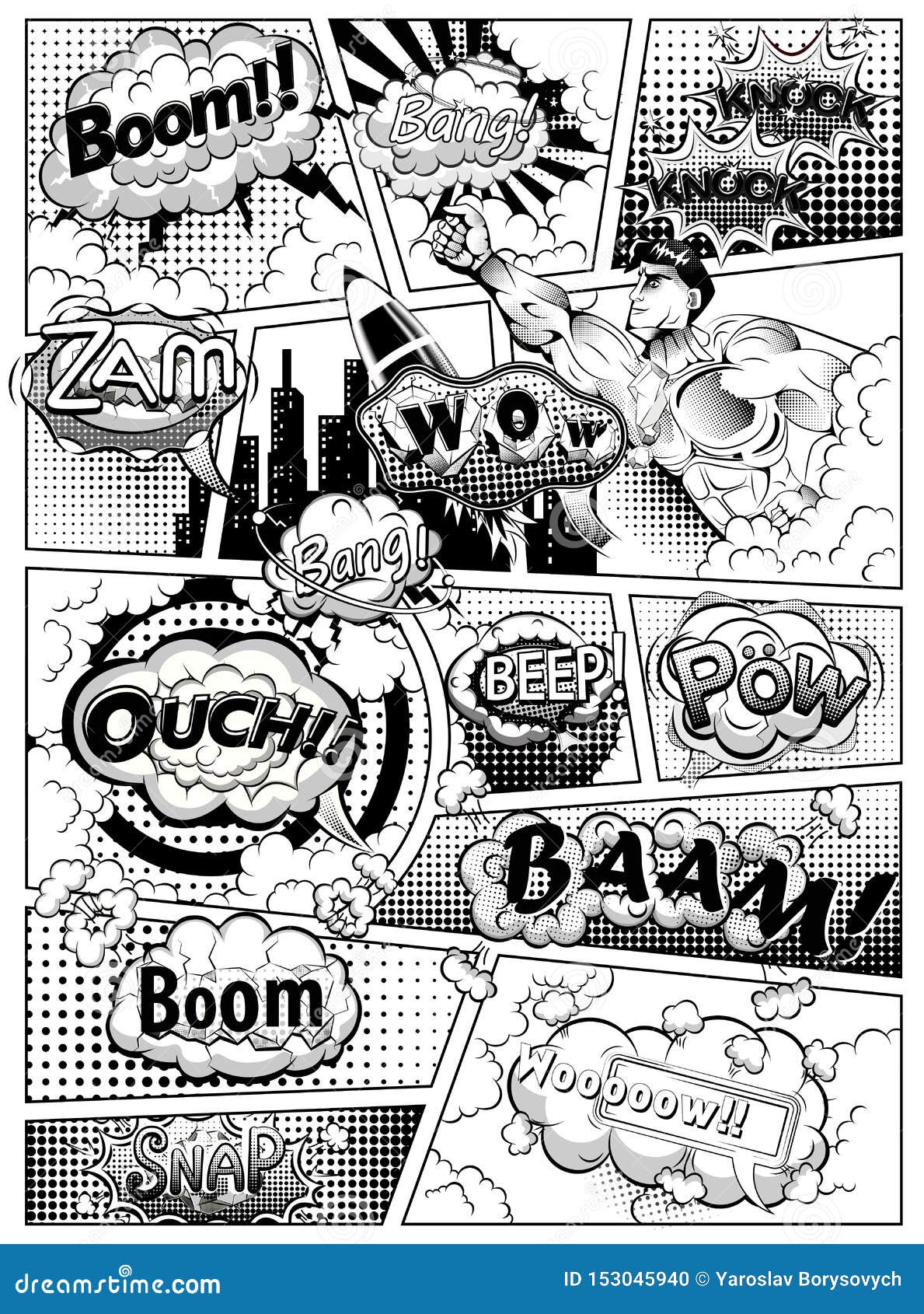 Black and White Comic Book Page Divided by Lines with Speech Bubbles