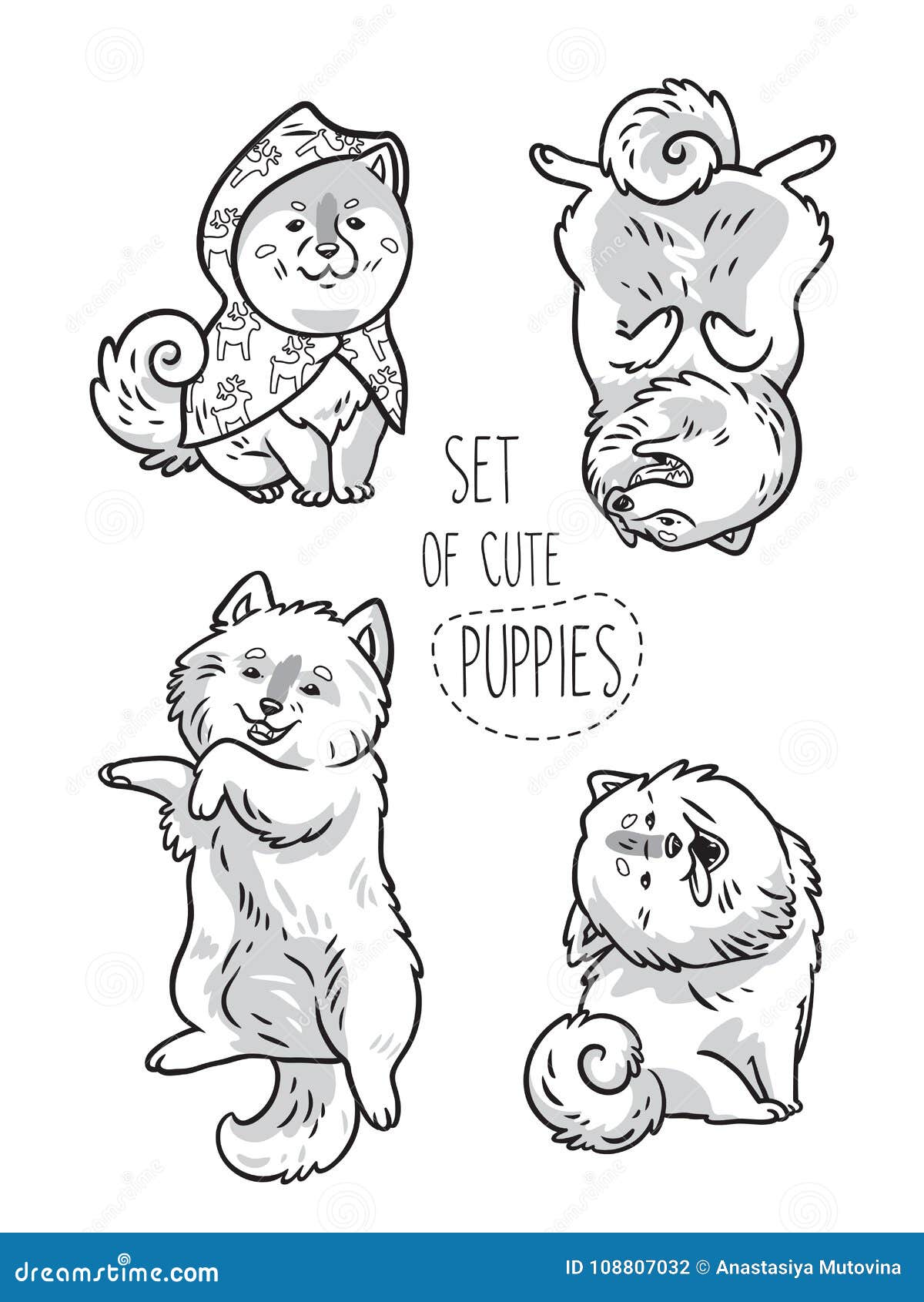 Set Of Ink Husky And Samoyed Puppies Vector Illustration Stock