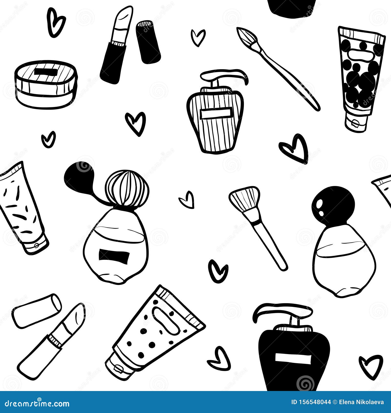 Black and White Cosmetics, Perfume and Makeup Seamless Pattern Stock