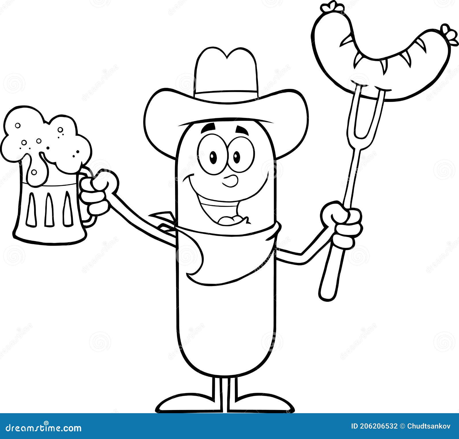 Black and White Cowboy Sausage Cartoon Character Holding a Beer and Weenie  on a Fork Stock Illustration - Illustration of alcohol, cooked: 206206532