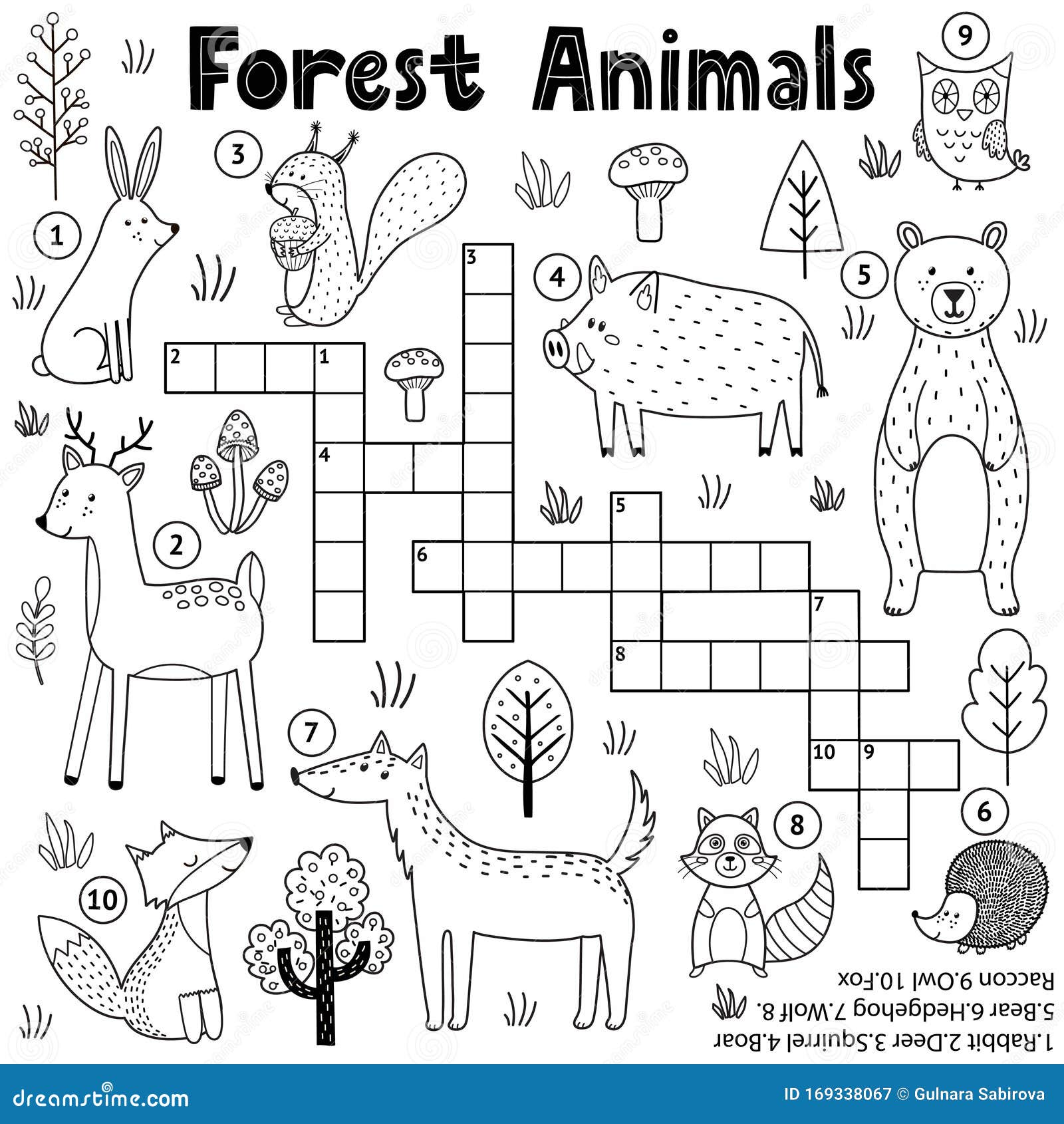 Black and White Crossword for Kids with Forest Animals. Woodland Coloring  Page Stock Vector - Illustration of number, learning: 169338067