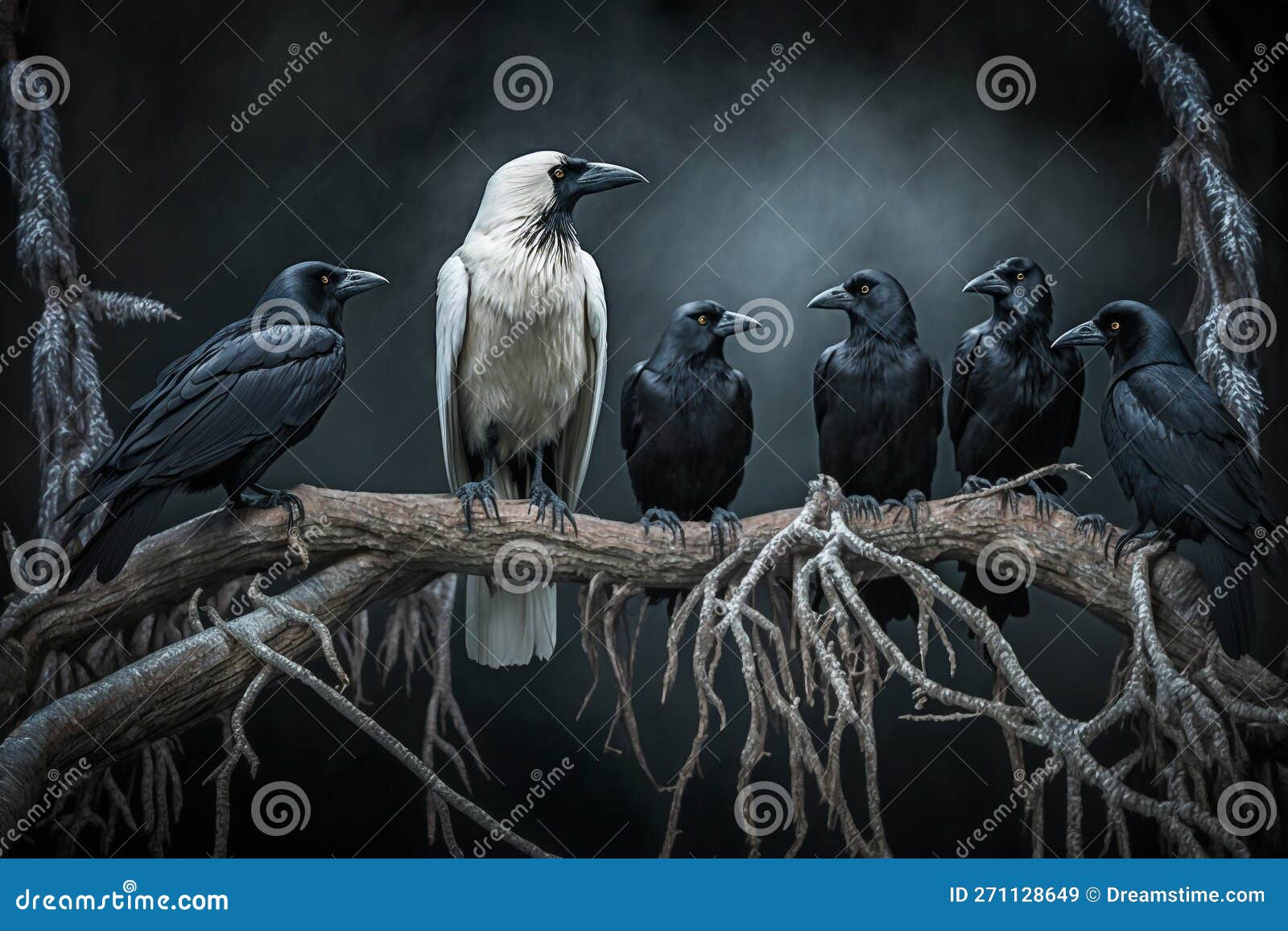 Black and White Crows Ravens on a Branch Generative AI Stock