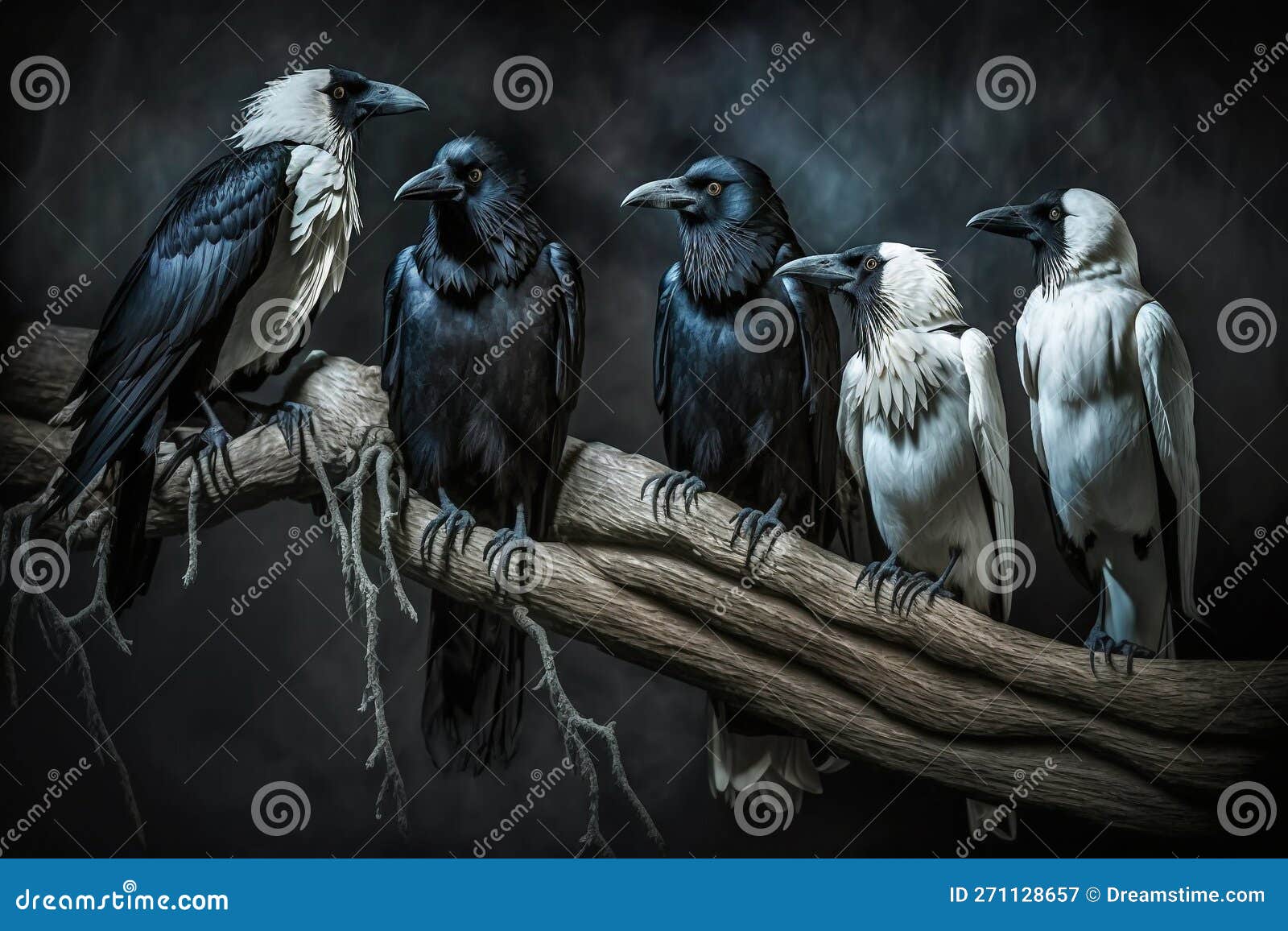 Black and White Crows Ravens on a Branch Generative AI Stock Image