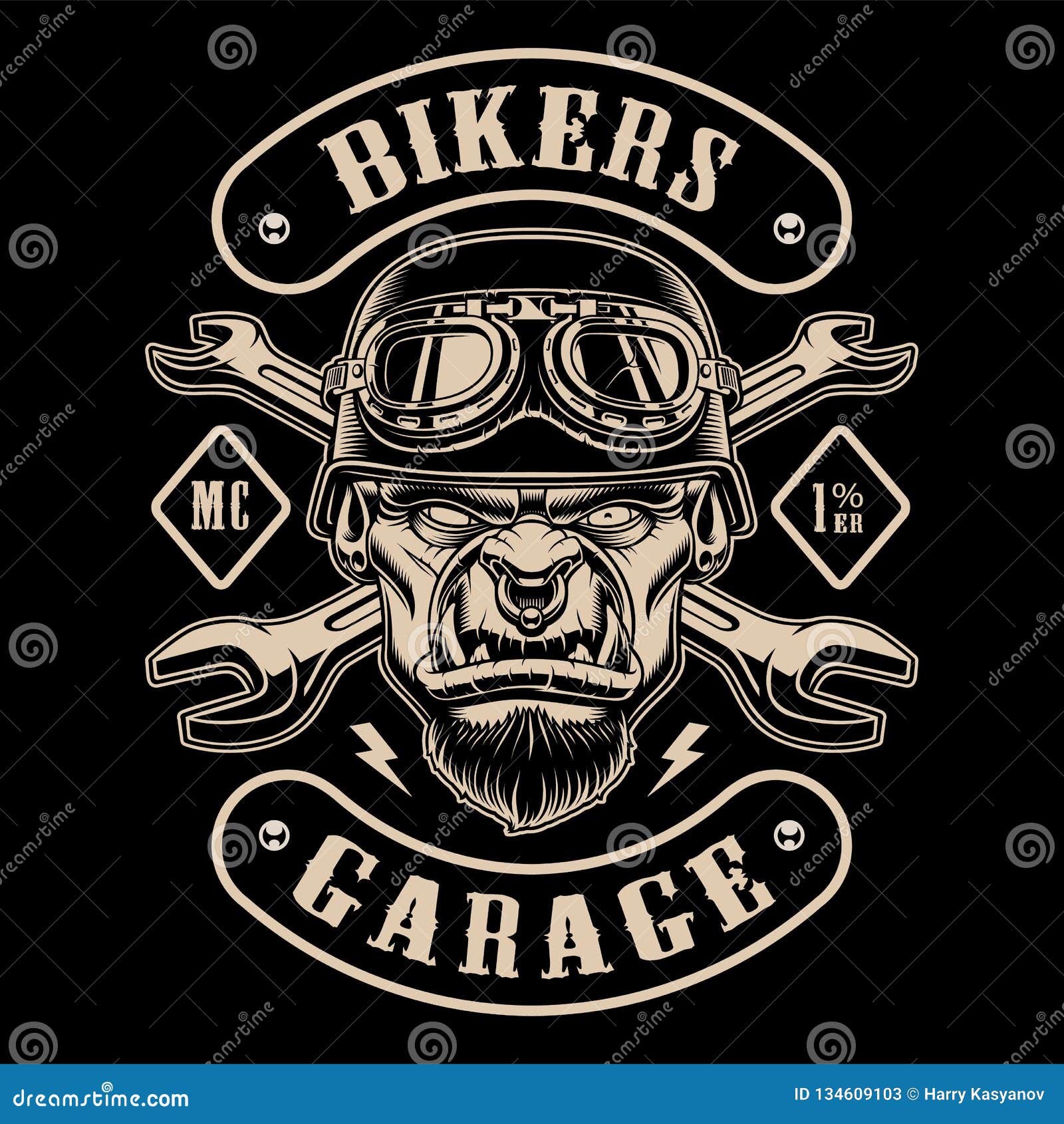 Black and White Design of Biker Patch with the Character. Stock Vector