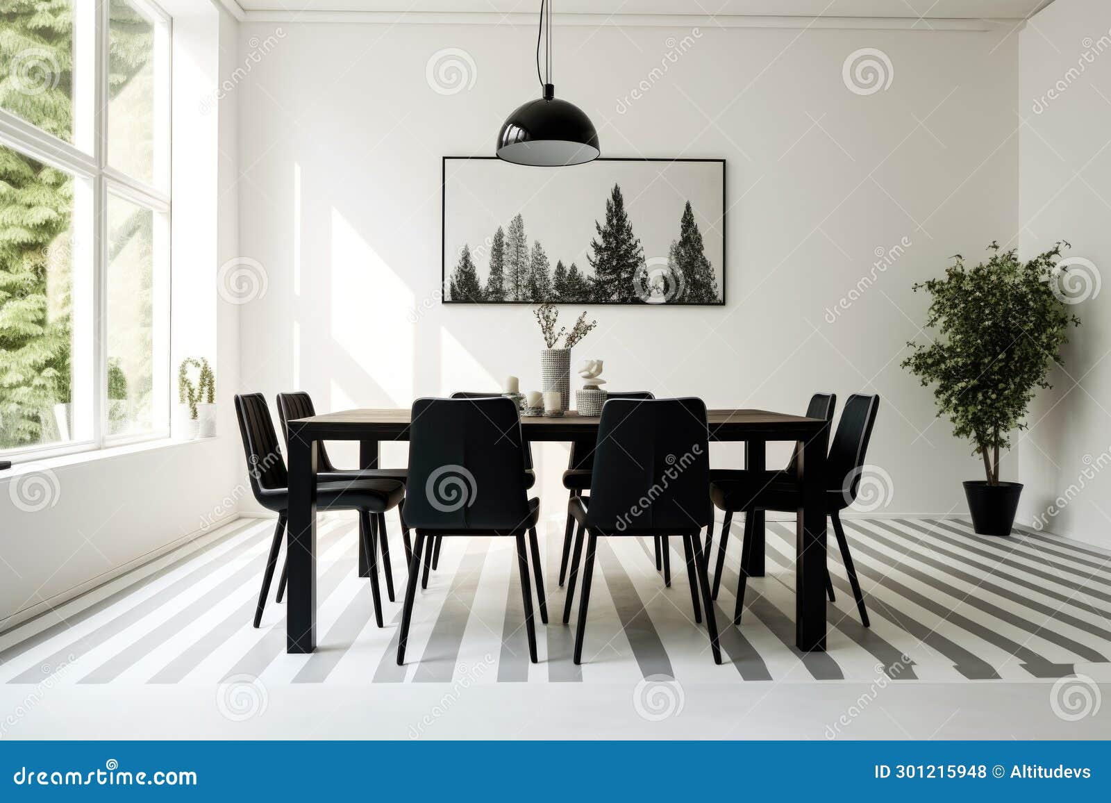 A Black and White Dining Table with Minimalistic Chairs in a Welllit